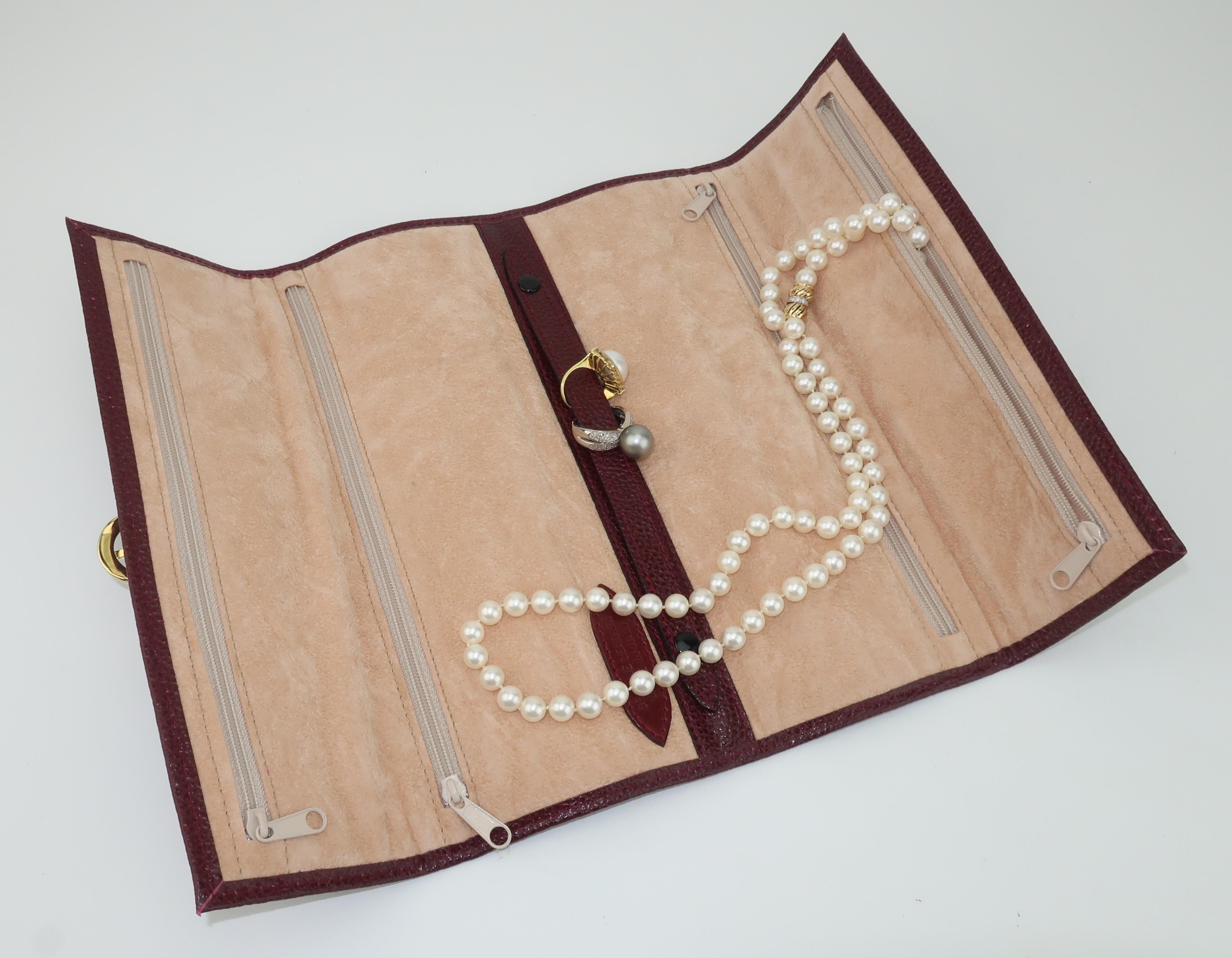 Vintage Italian Burgundy Leather Jewelry Travel Roll Case  5
