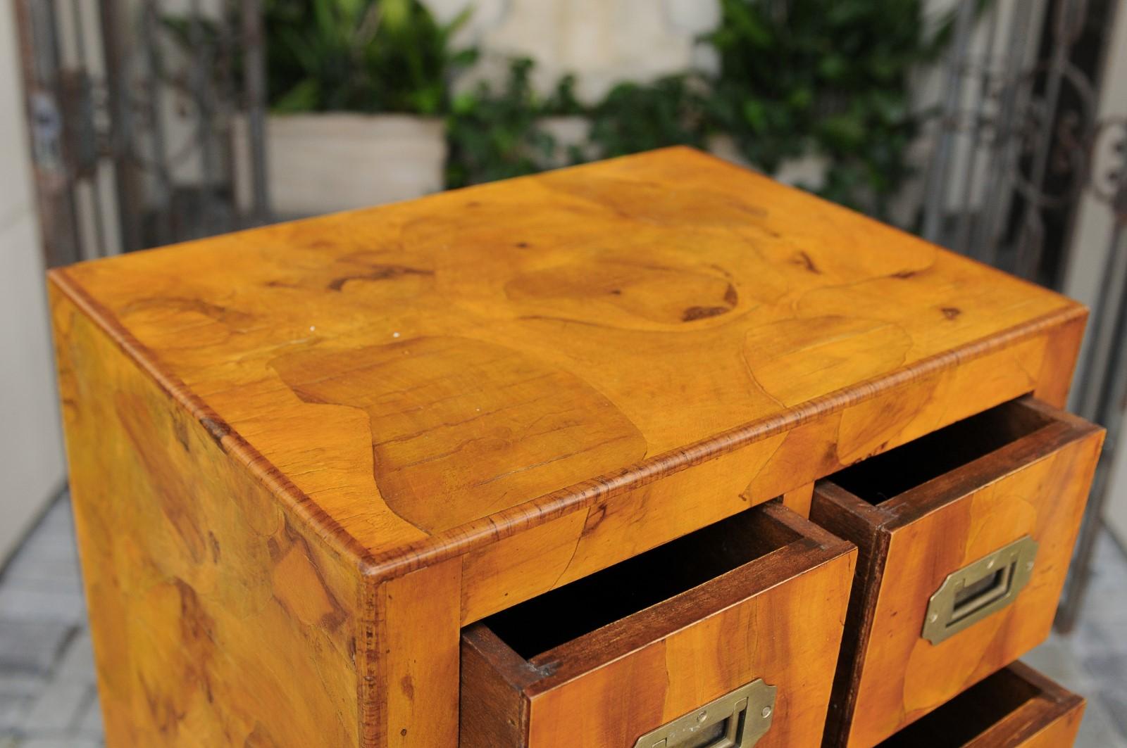 Vintage Italian Burl Campaign Style Eight-Drawer Tall Chest with Brass Hardware For Sale 5