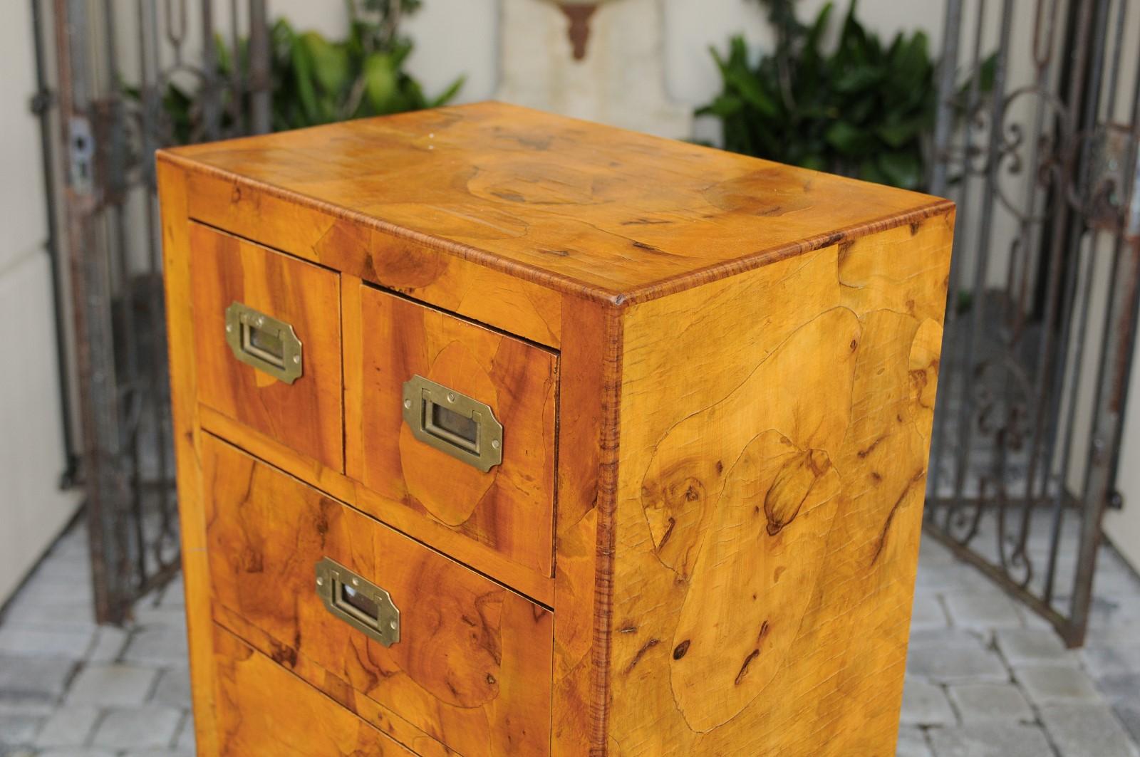 Vintage Italian Burl Campaign Style Eight-Drawer Tall Chest with Brass Hardware For Sale 10