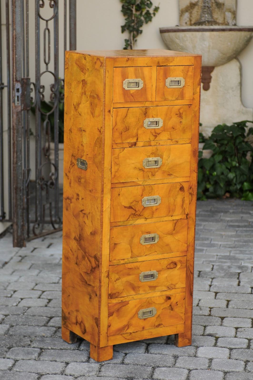 Vintage Italian Burl Campaign Style Eight-Drawer Tall Chest with Brass Hardware In Good Condition For Sale In Atlanta, GA