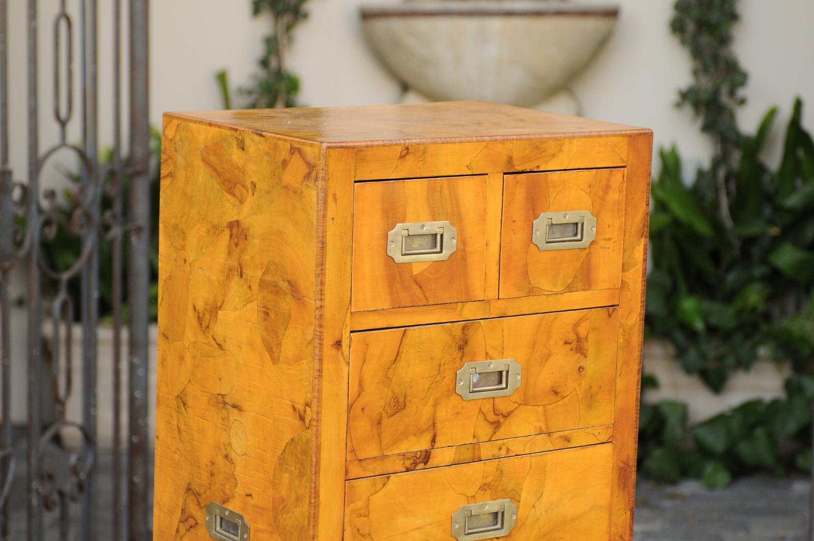 20th Century Vintage Italian Burl Campaign Style Eight-Drawer Tall Chest with Brass Hardware For Sale