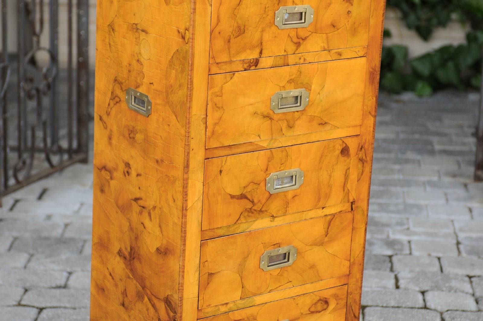 Vintage Italian Burl Campaign Style Eight-Drawer Tall Chest with Brass Hardware For Sale 1