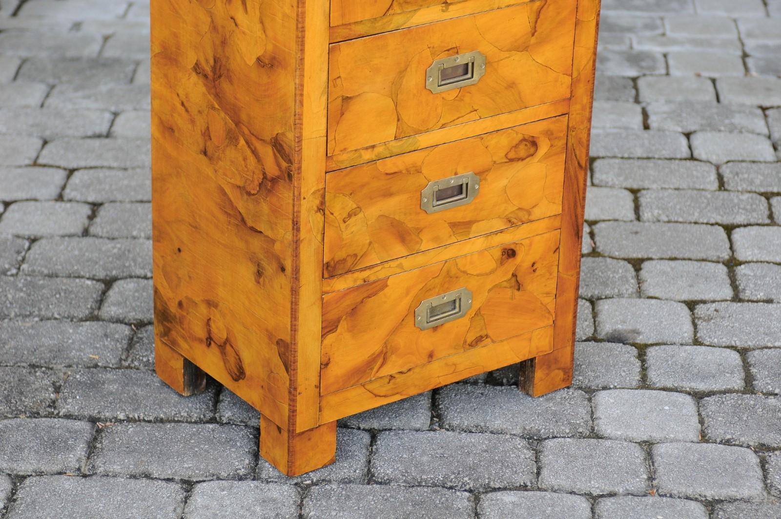 Vintage Italian Burl Campaign Style Eight-Drawer Tall Chest with Brass Hardware For Sale 2