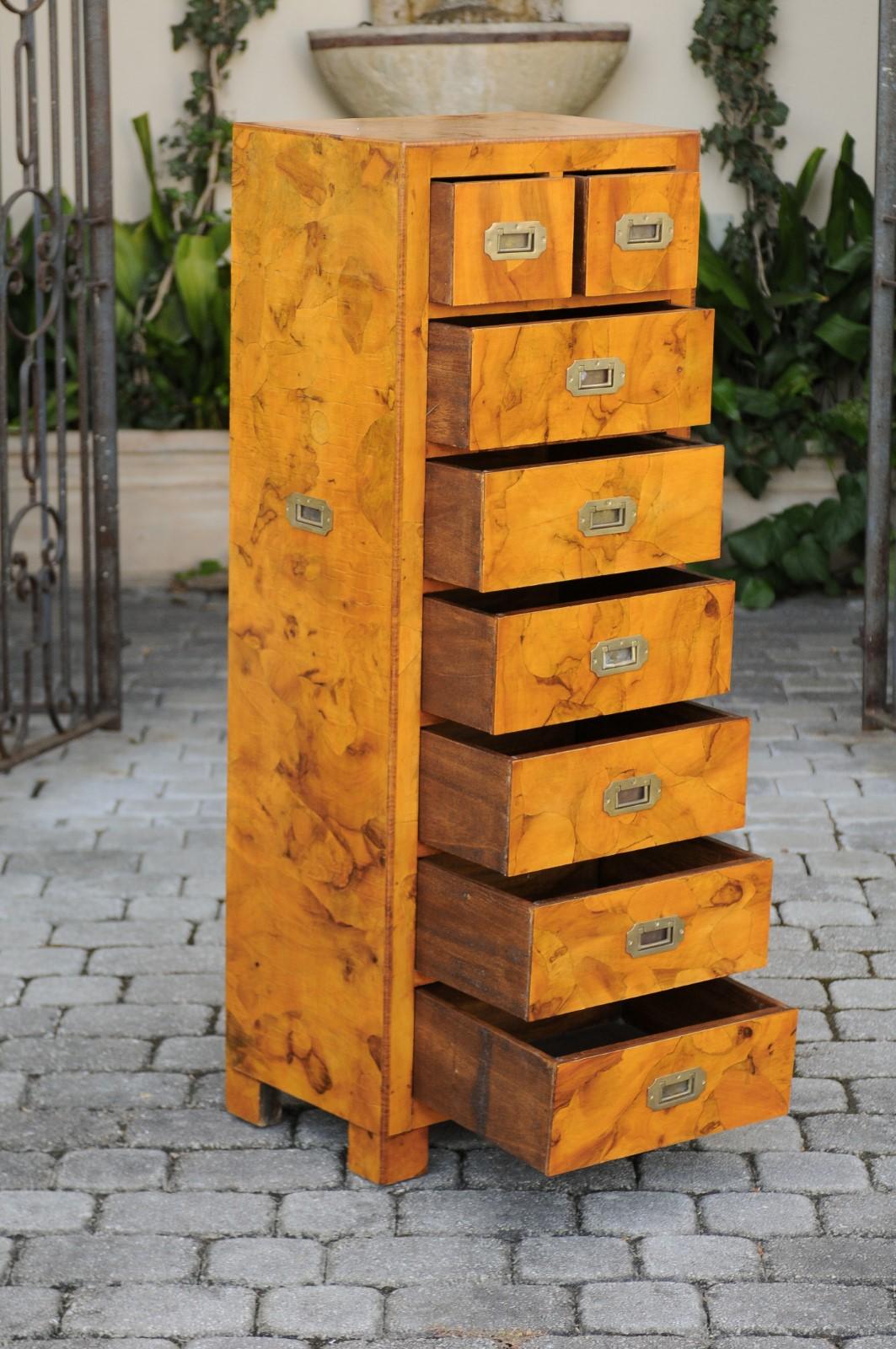 Vintage Italian Burl Campaign Style Eight-Drawer Tall Chest with Brass Hardware For Sale 3