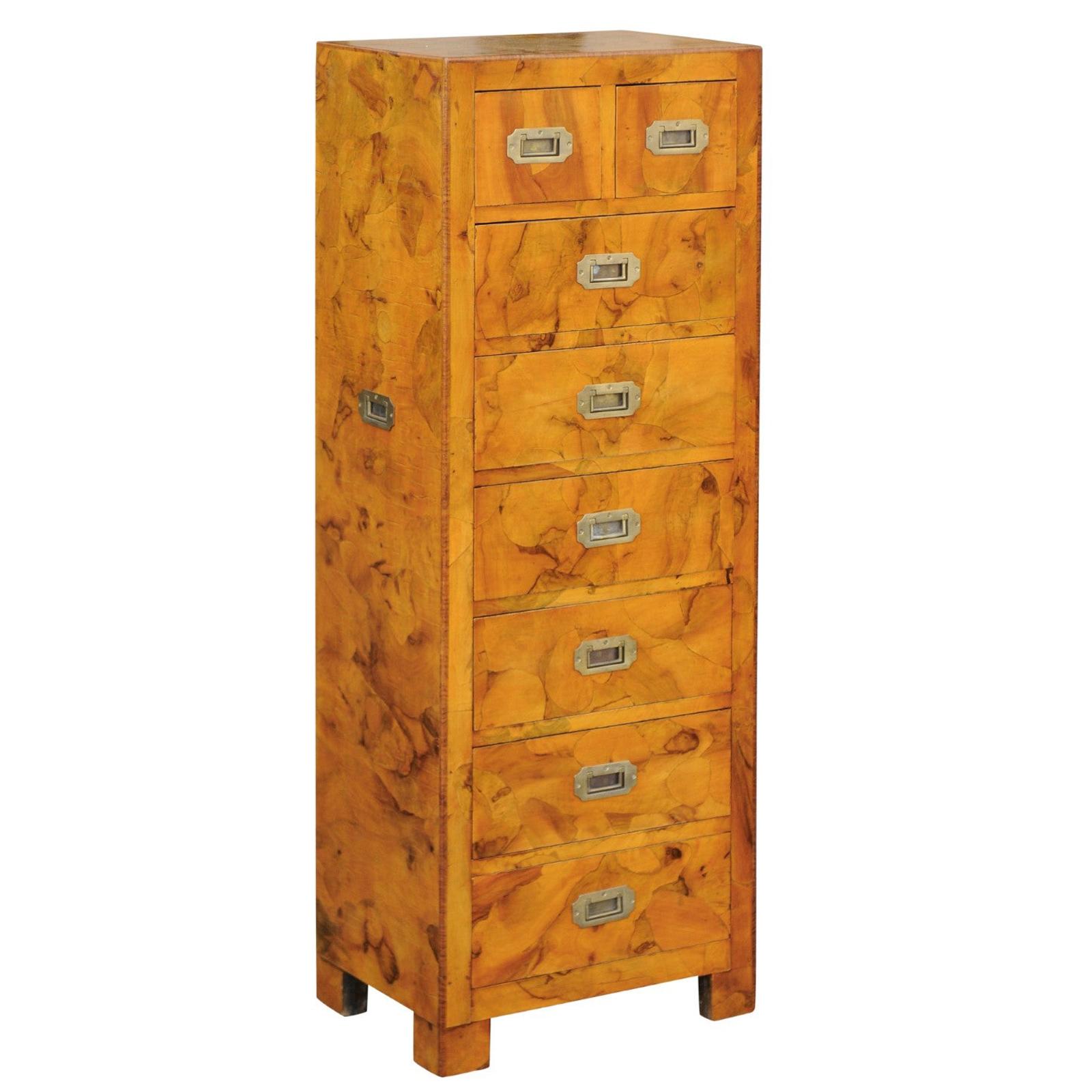 Vintage Italian Burl Campaign Style Eight-Drawer Tall Chest with Brass Hardware