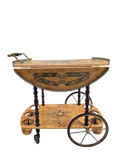 Vintage Italian Burl Marquetry Two Tier Drop Leaf Tea Bar Cart