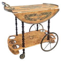 Vintage Italian Burl Marquetry Two Tier Drop Leaf Tea Bar Cart