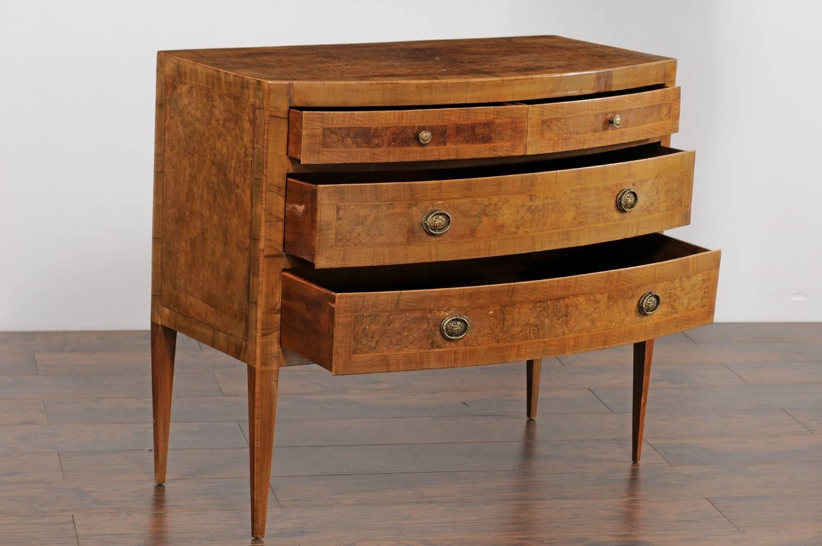 Vintage Italian Burl Walnut Bow-Front Commode with Tapered Legs, circa 1960 In Good Condition In Atlanta, GA