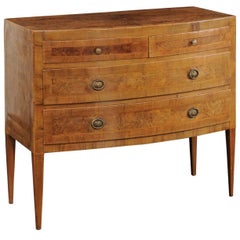 Vintage Italian Burl Walnut Bow-Front Commode with Tapered Legs, circa 1960