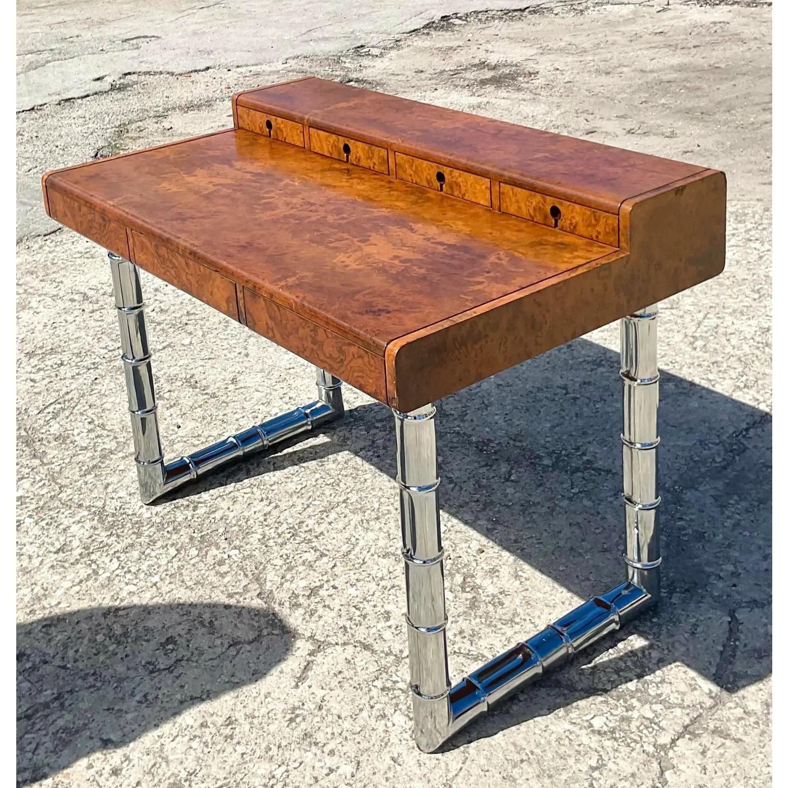 Vintage Italian Burl Wood and Chrome Writing Desk In Good Condition In west palm beach, FL
