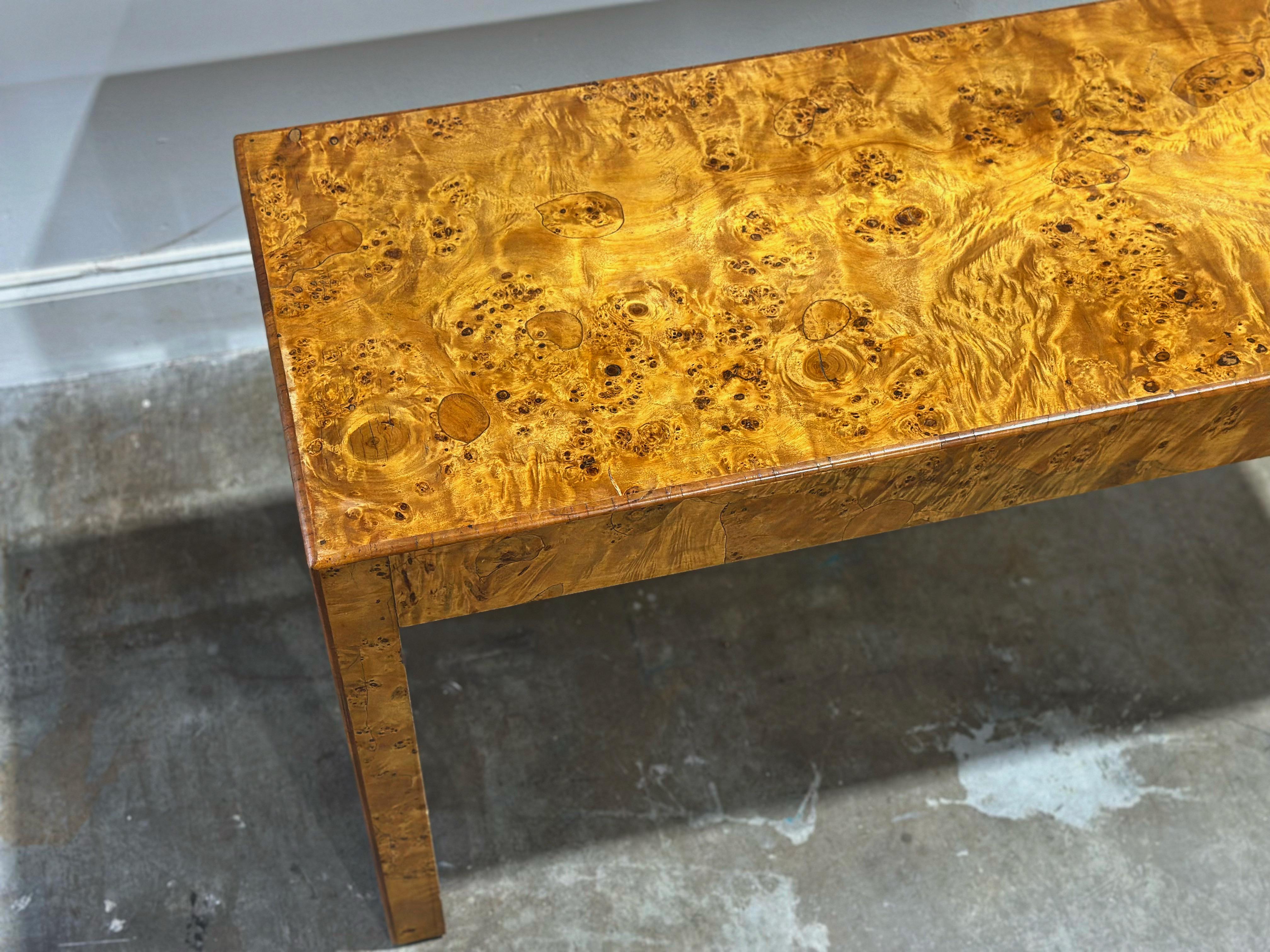 Stunning Mid Century Parsons style console or sofa table - Italy circa 1970s. Highly figured burl maple.
Stamped 