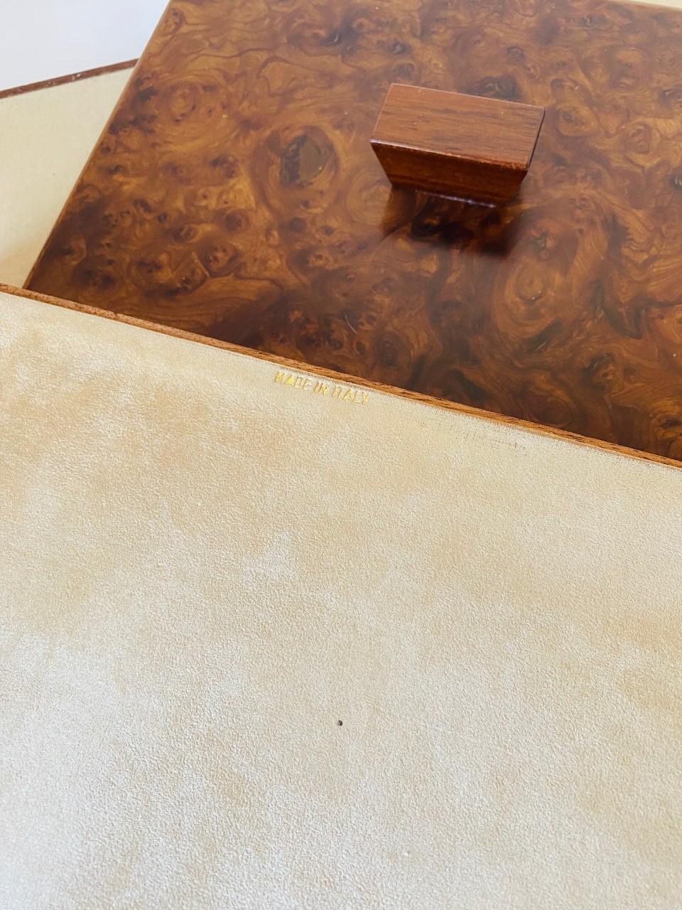 Suede Vintage Italian Burl Wood Desk Pad and Lidded Paper Tray, 1970s