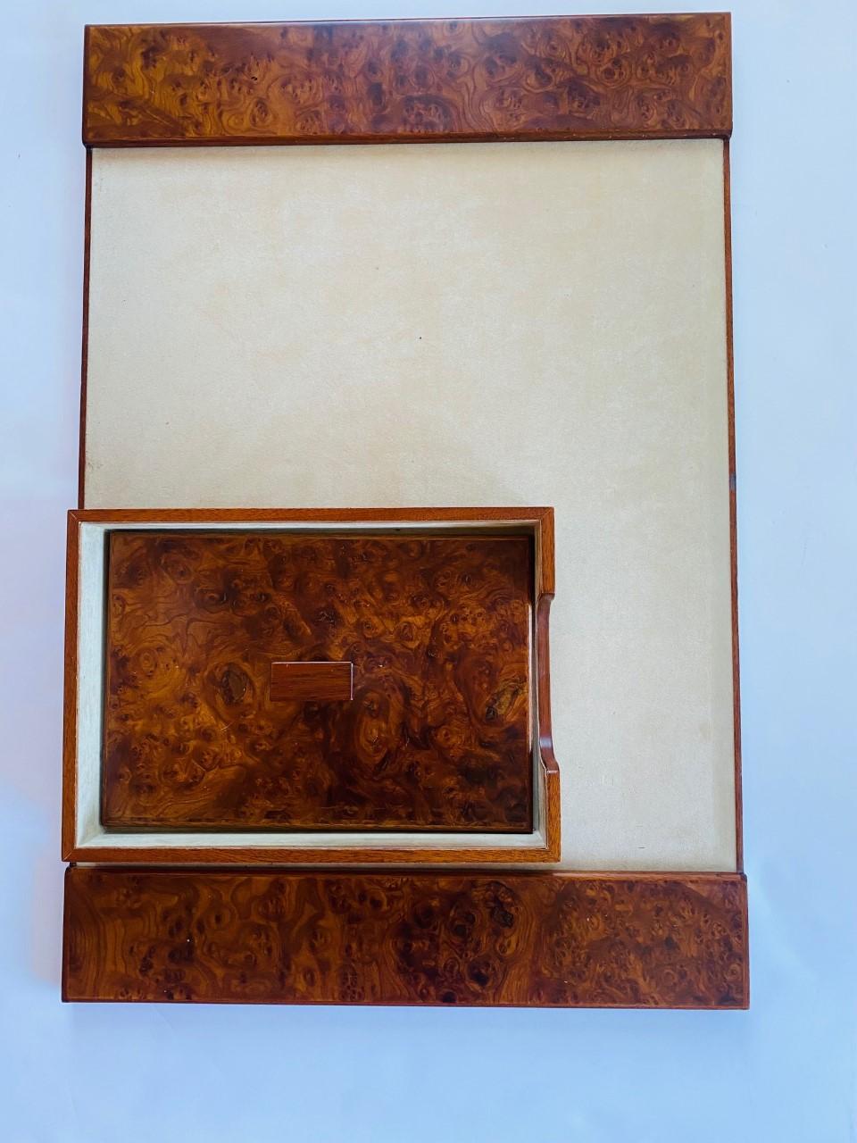 Hand-Crafted Vintage Italian Burl Wood Desk Pad and Lidded Paper Tray, 1970s