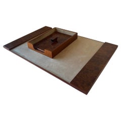 Vintage Italian Burl Wood Desk Pad and Lidded Paper Tray, 1970s