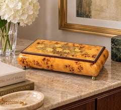 Vintage Italian Burl Wood Marquetry Jewelry Music Box with Swiss Reuge Movement