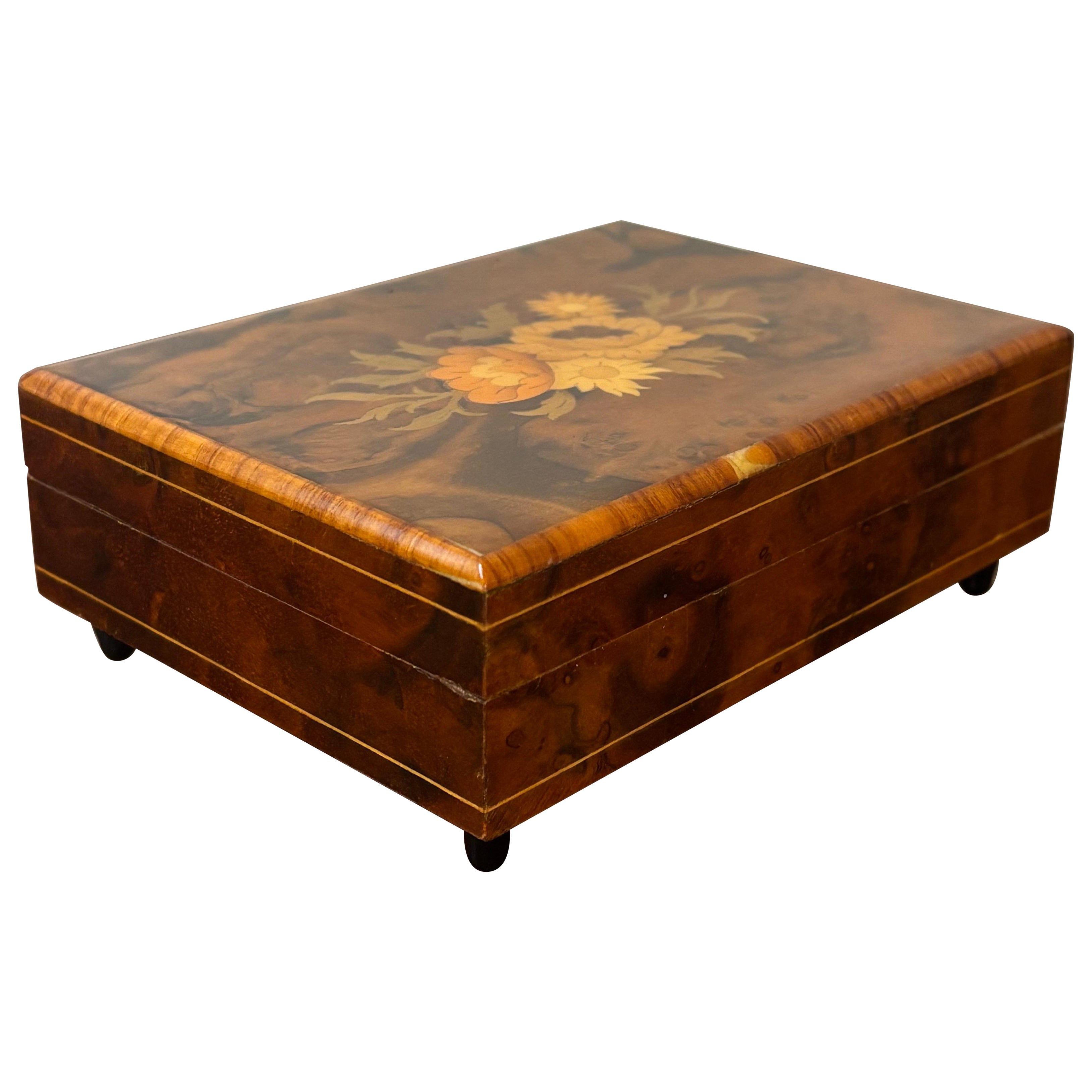 Vintage Italian Burl Wood Music Jewelry Box - Marquetry Floral Lid