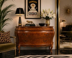 Vintage Italian Burled Olive Wood Bombe Chest of Drawers in 18th Century Baroque