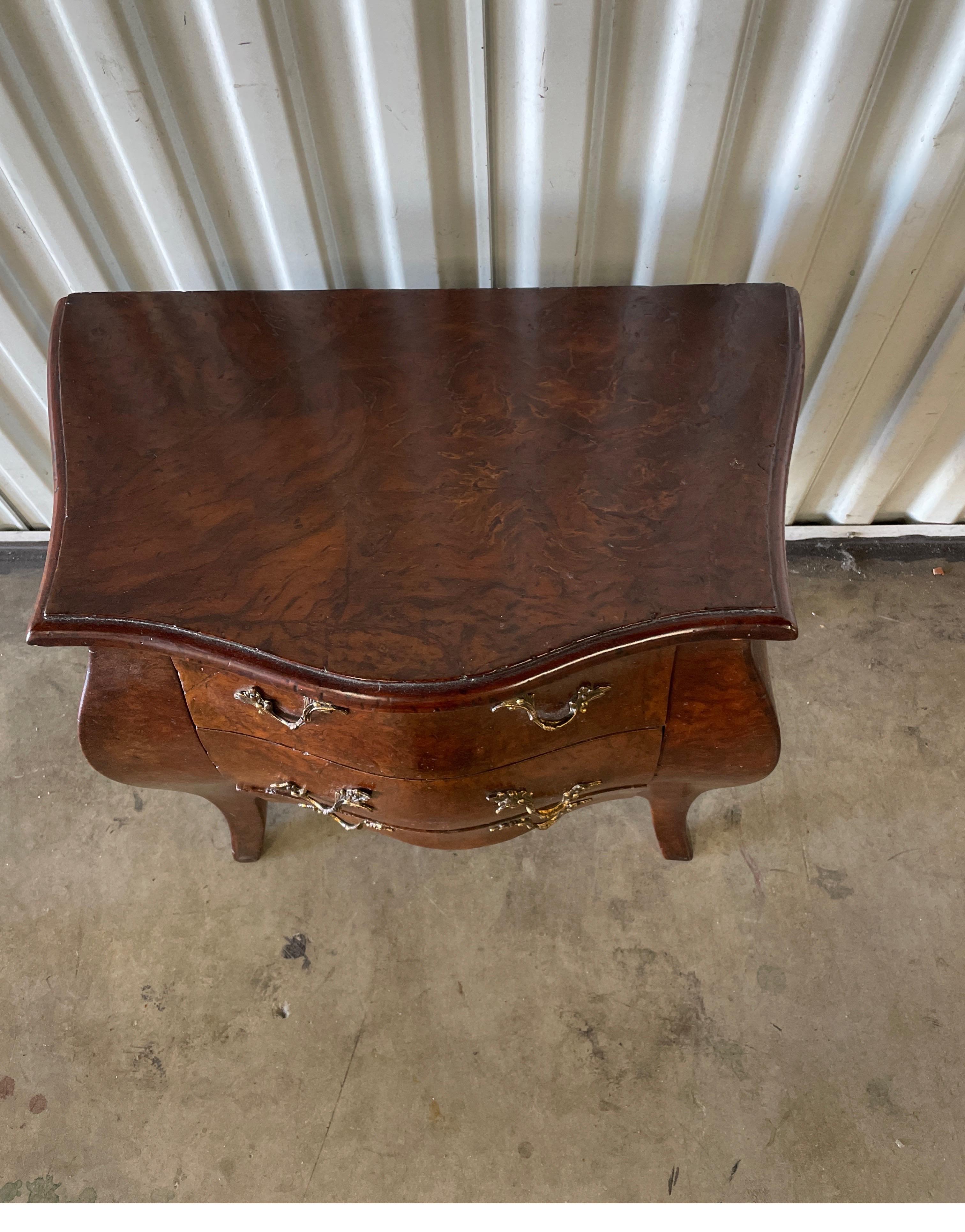 Vintage miniature burlwood three drawer chest. A perfect little drinks table or book rest. All drawers are lined with green Florentine paper. 