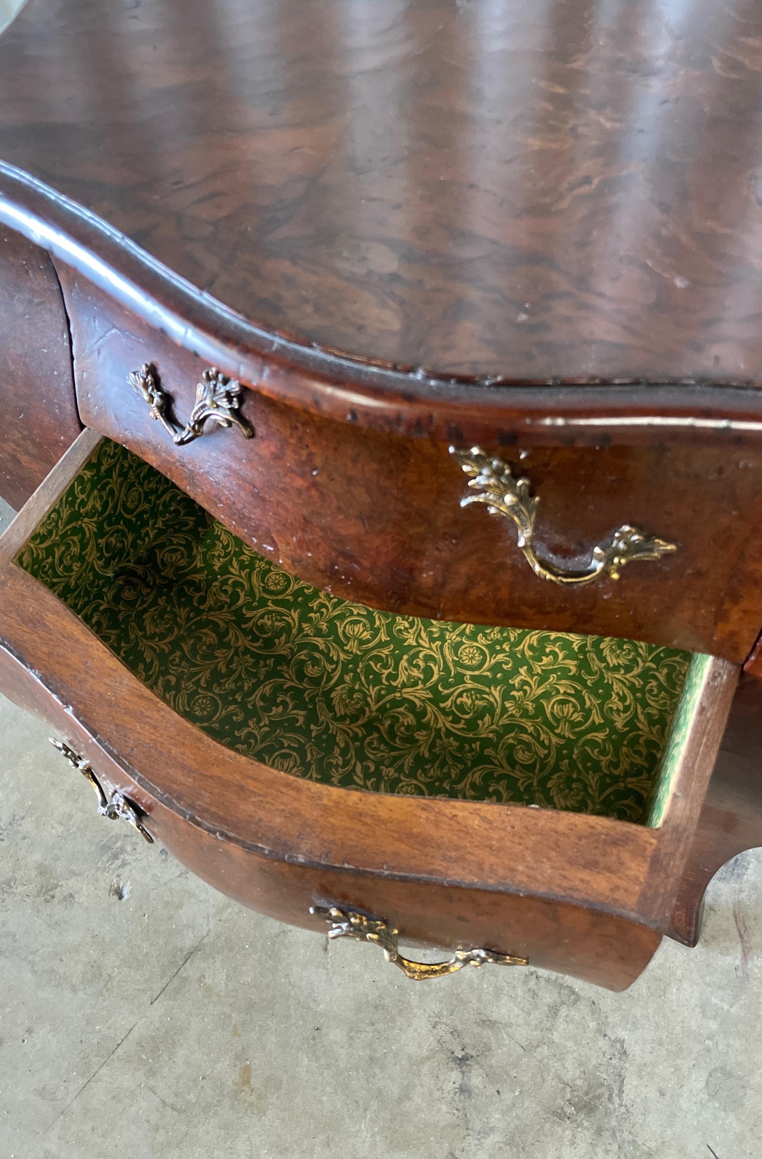 Vintage Italian Burlwood Miniature Three Drawer Chest In Good Condition For Sale In West Palm Beach, FL