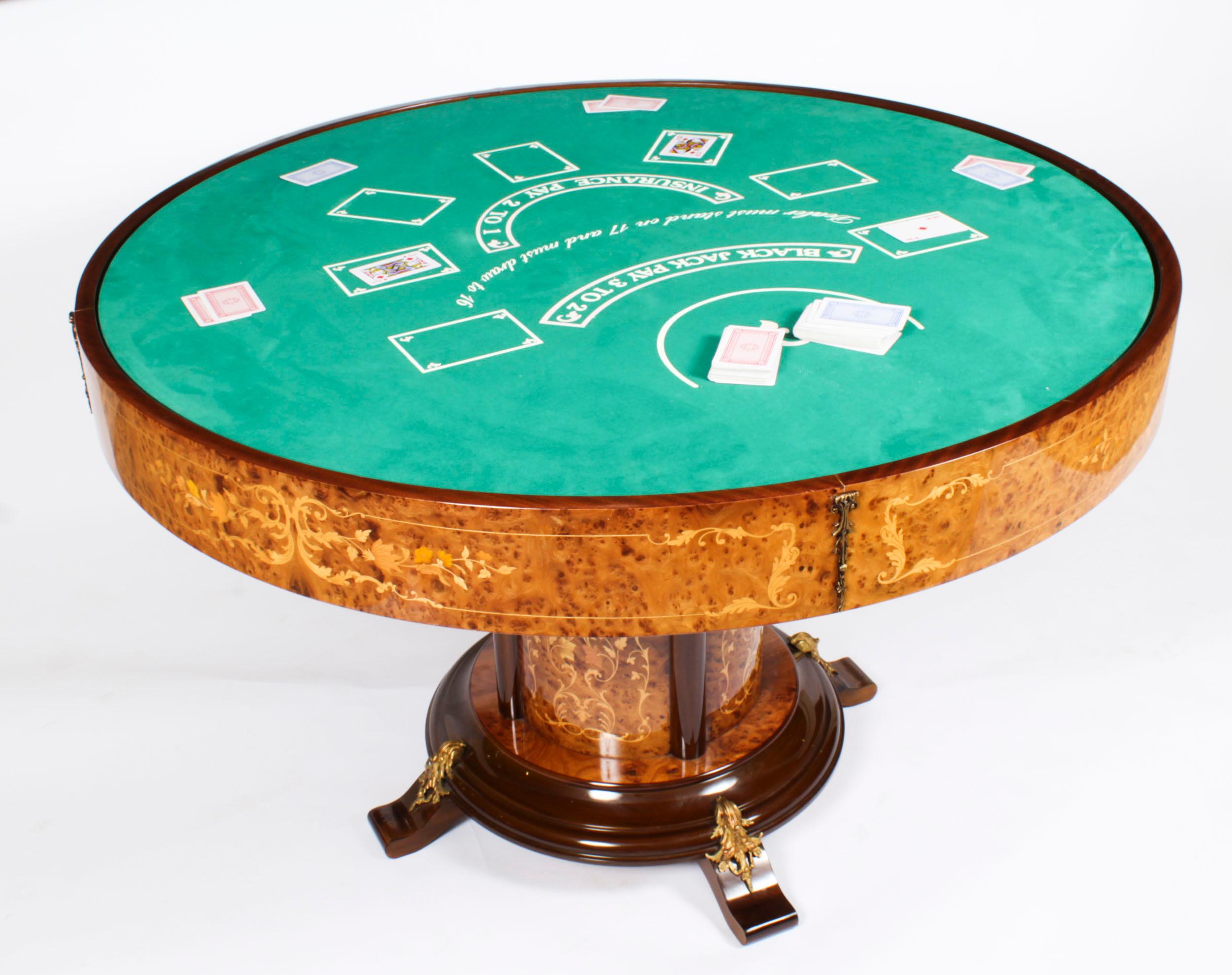 Vintage Italian Burr Walnut Games Card Roulette Table Mid 20th Century 2
