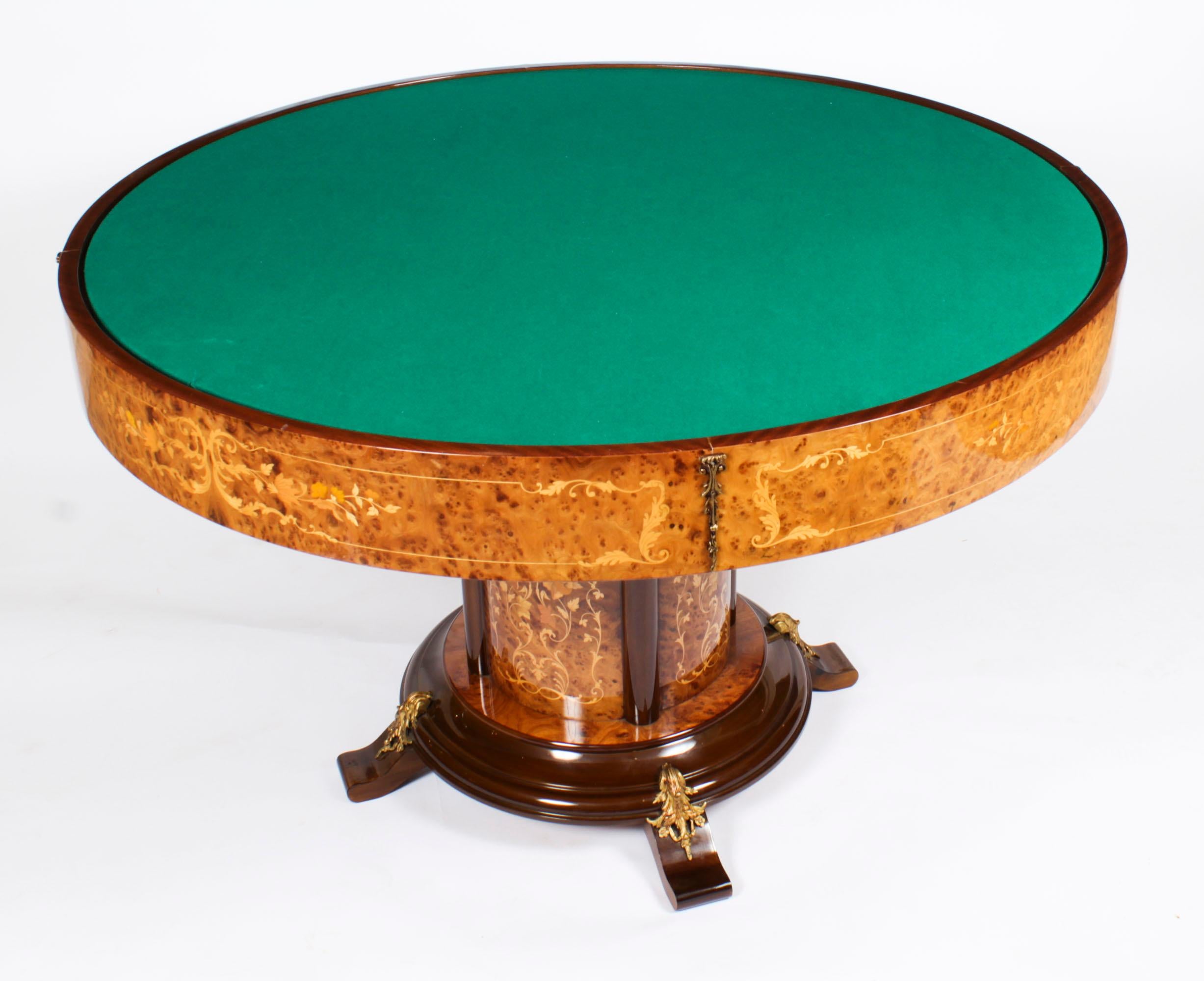 Vintage Italian Burr Walnut Games Card Roulette Table Mid 20th Century 3