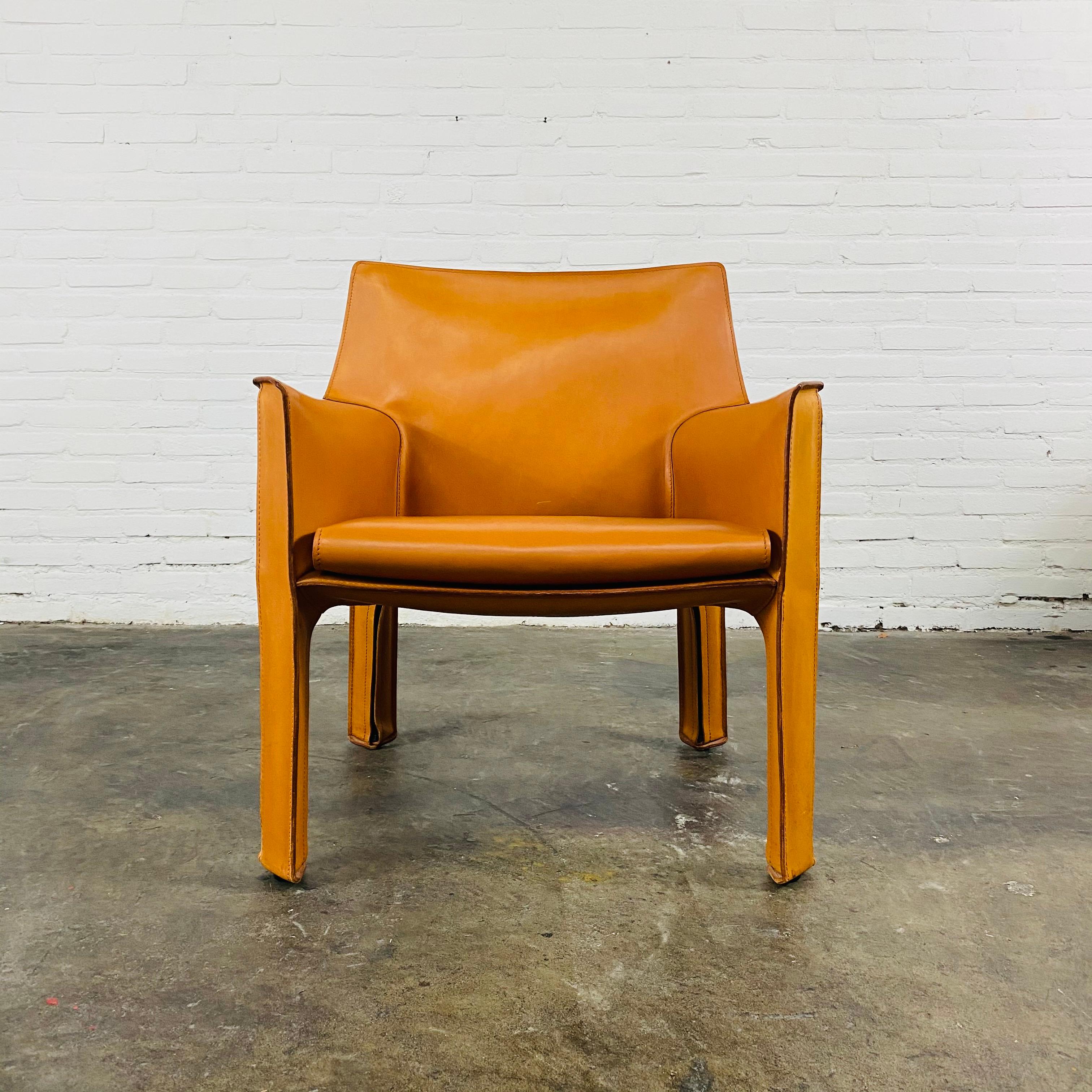 Mid-Century Modern Vintage Italian Cab 414 Cognac Leather Chair by Mario Bellini for Cassina, 1970