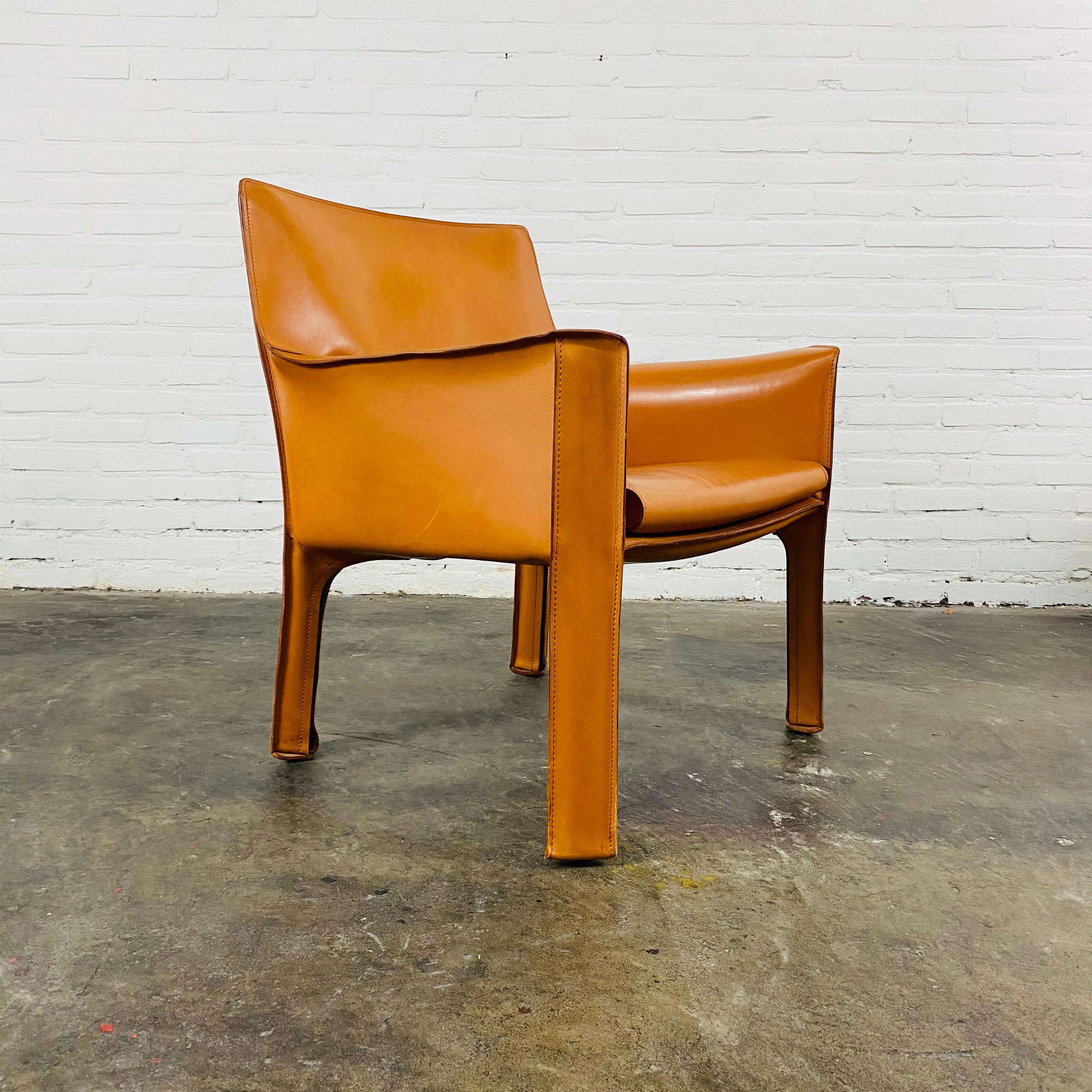 Steel Vintage Italian Cab 414 Cognac Leather Chair by Mario Bellini for Cassina, 1970 
