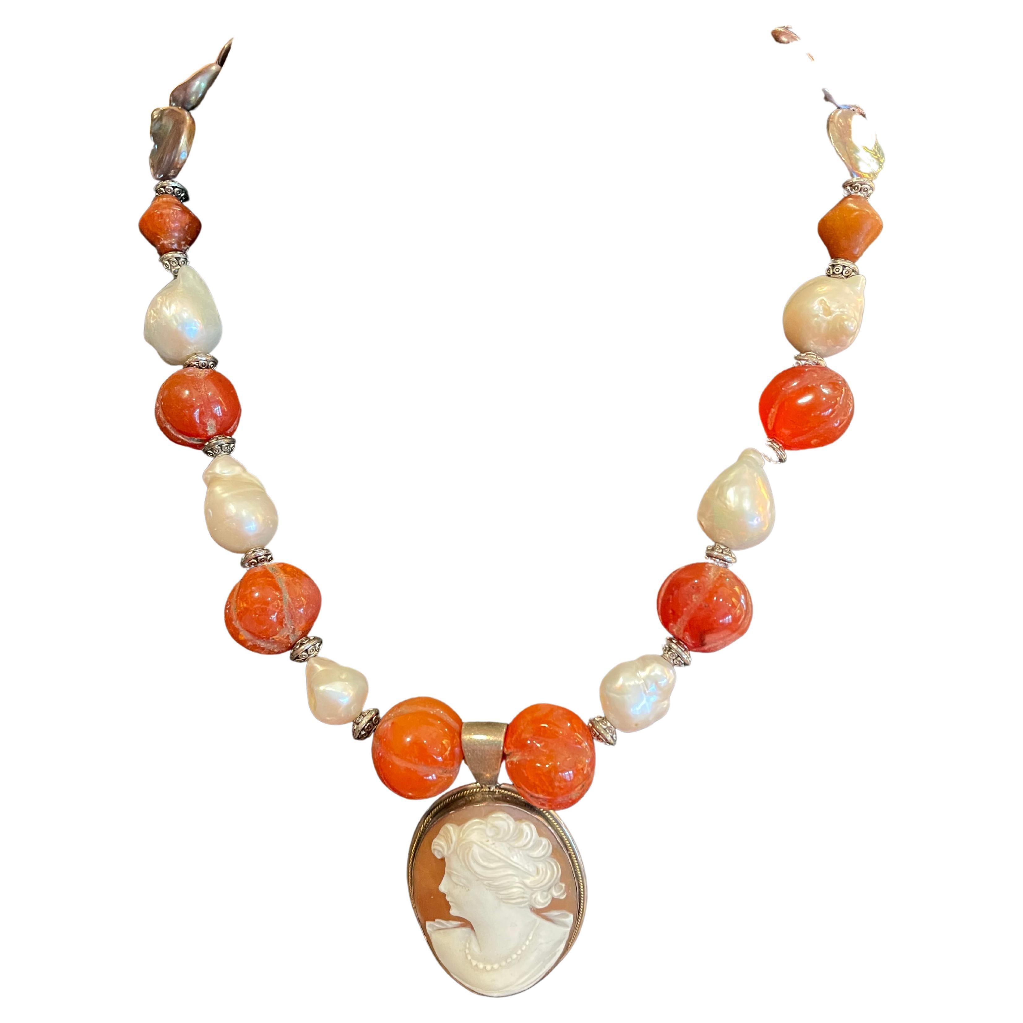 Vintage Italian cameo, baroque pearls, carved carnelian, one of a kind necklace For Sale