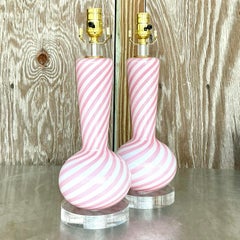 Vintage Italian Candy Swirl Glass Lamps After Murano - a Pair