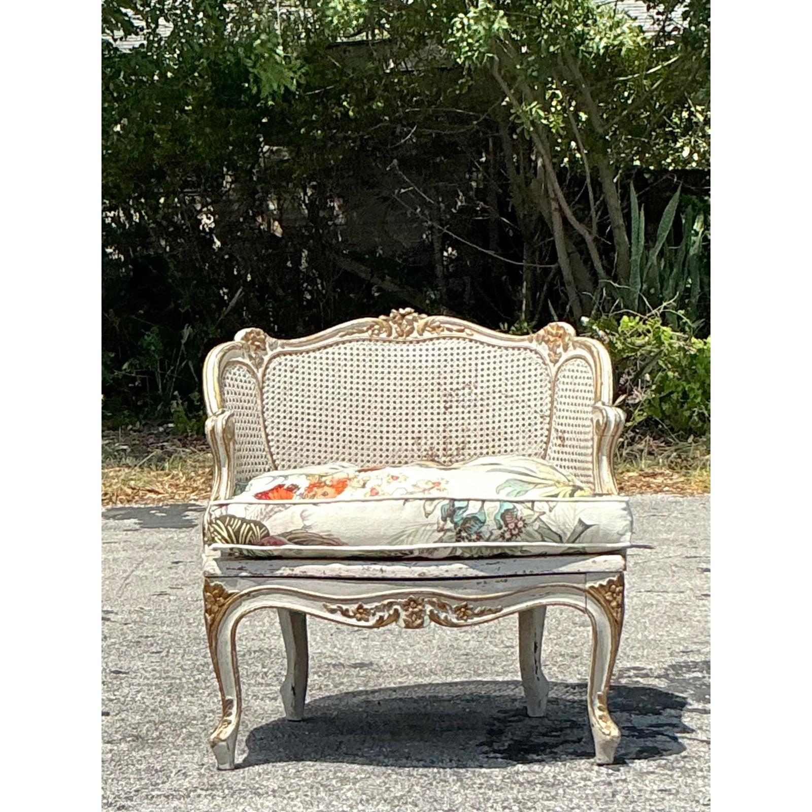 French Provincial Vintage Italian Cane Lounge Chair in Hackney House Upholstery For Sale