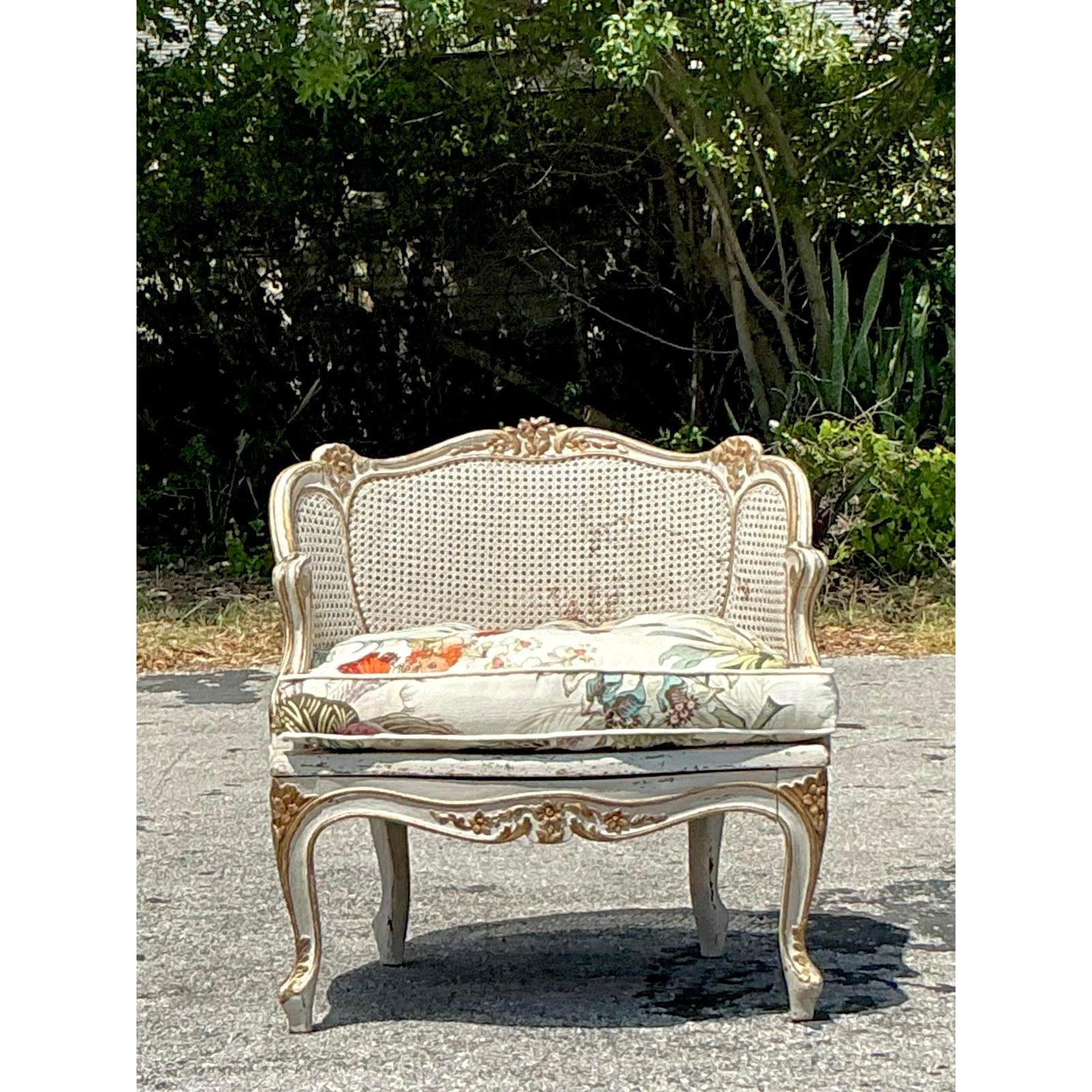 Vintage Italian Cane Lounge Chair in Hackney House Upholstery For Sale 4