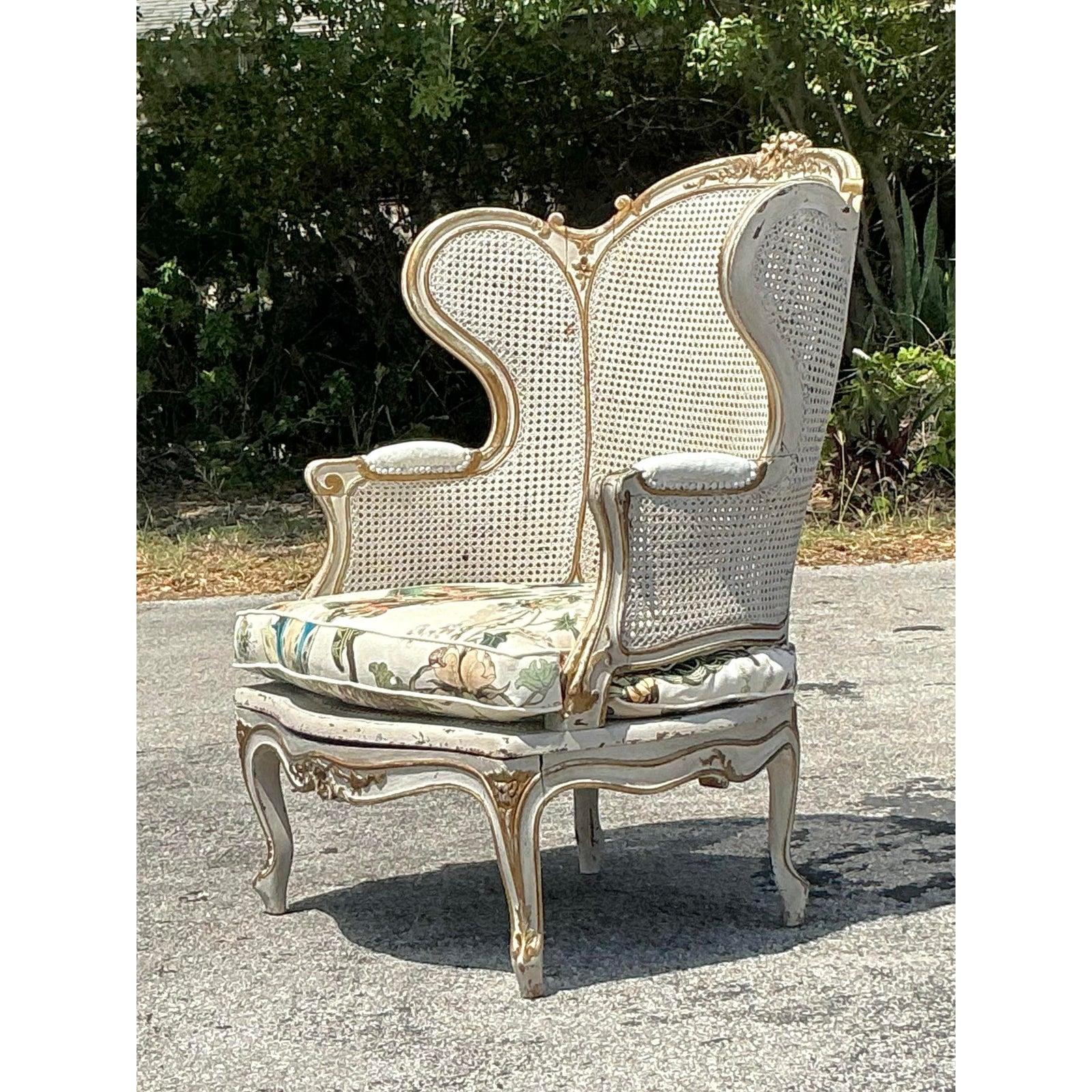 Vintage Italian Cane Wingback Chair With Hackney House Upholstery For Sale 5