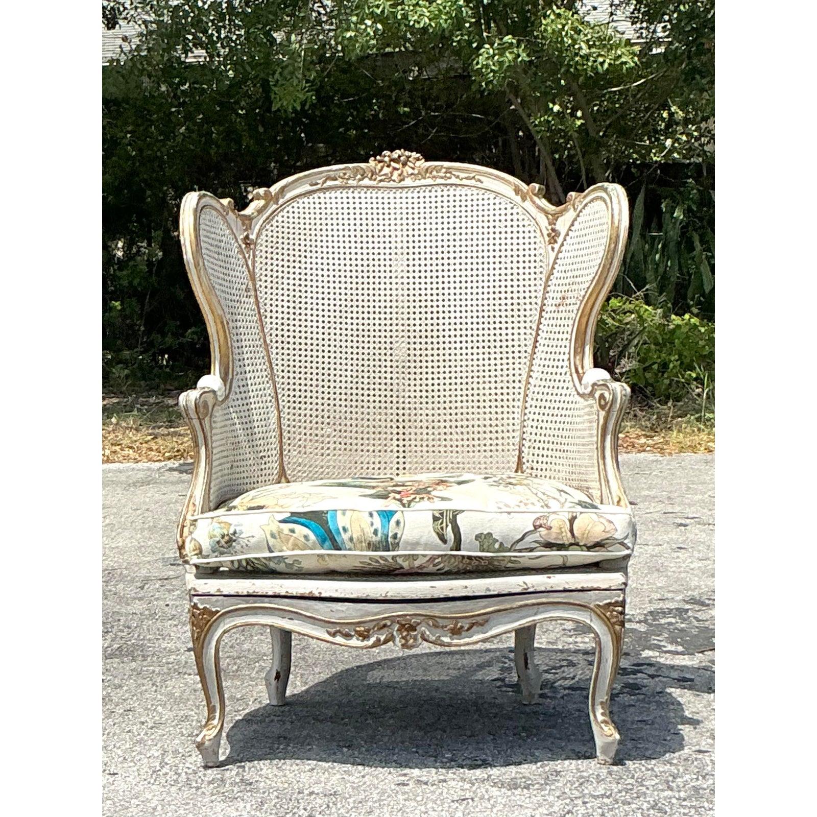 Vintage Italian Cane Wingback Chair With Hackney House Upholstery In Good Condition For Sale In west palm beach, FL