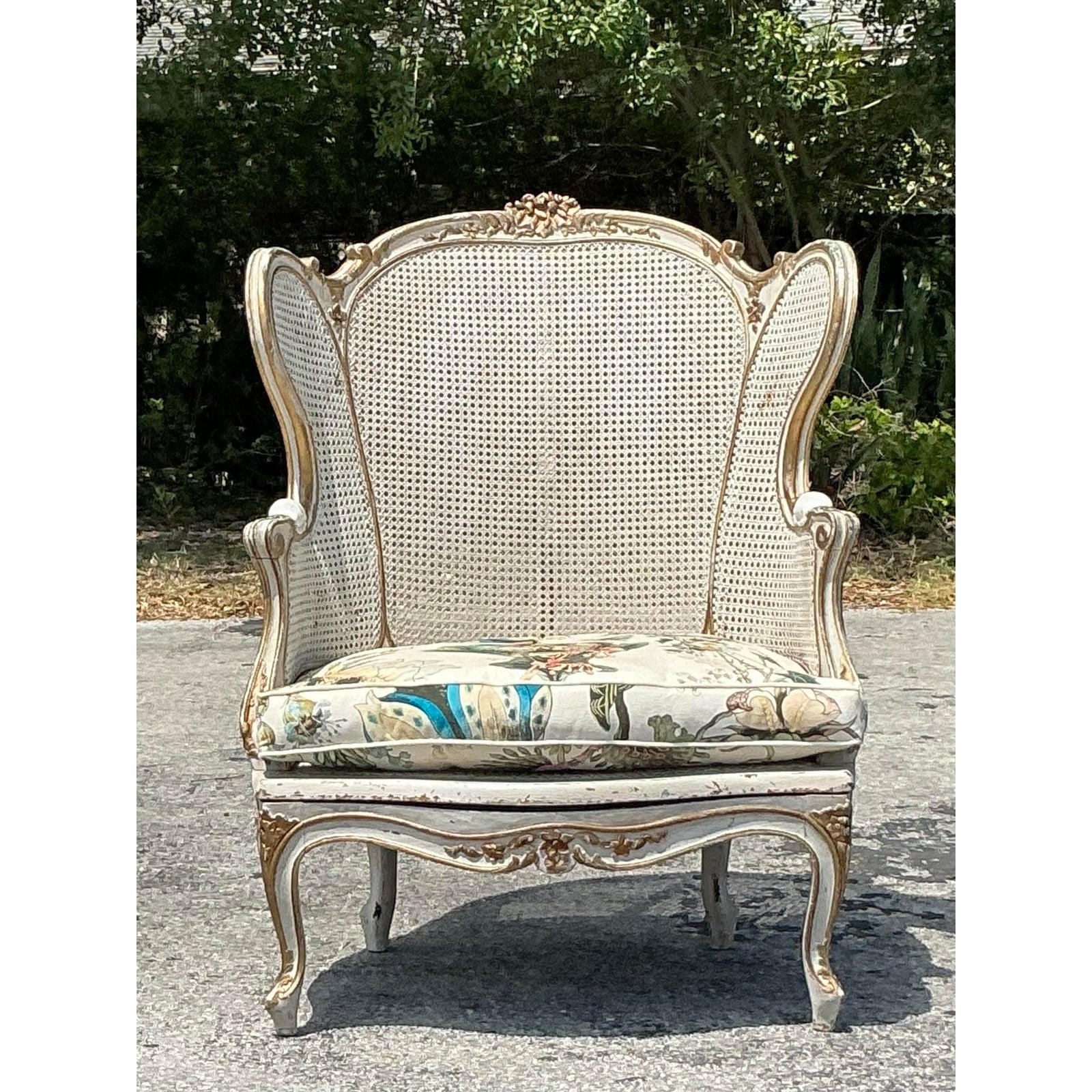 20th Century Vintage Italian Cane Wingback Chair With Hackney House Upholstery For Sale