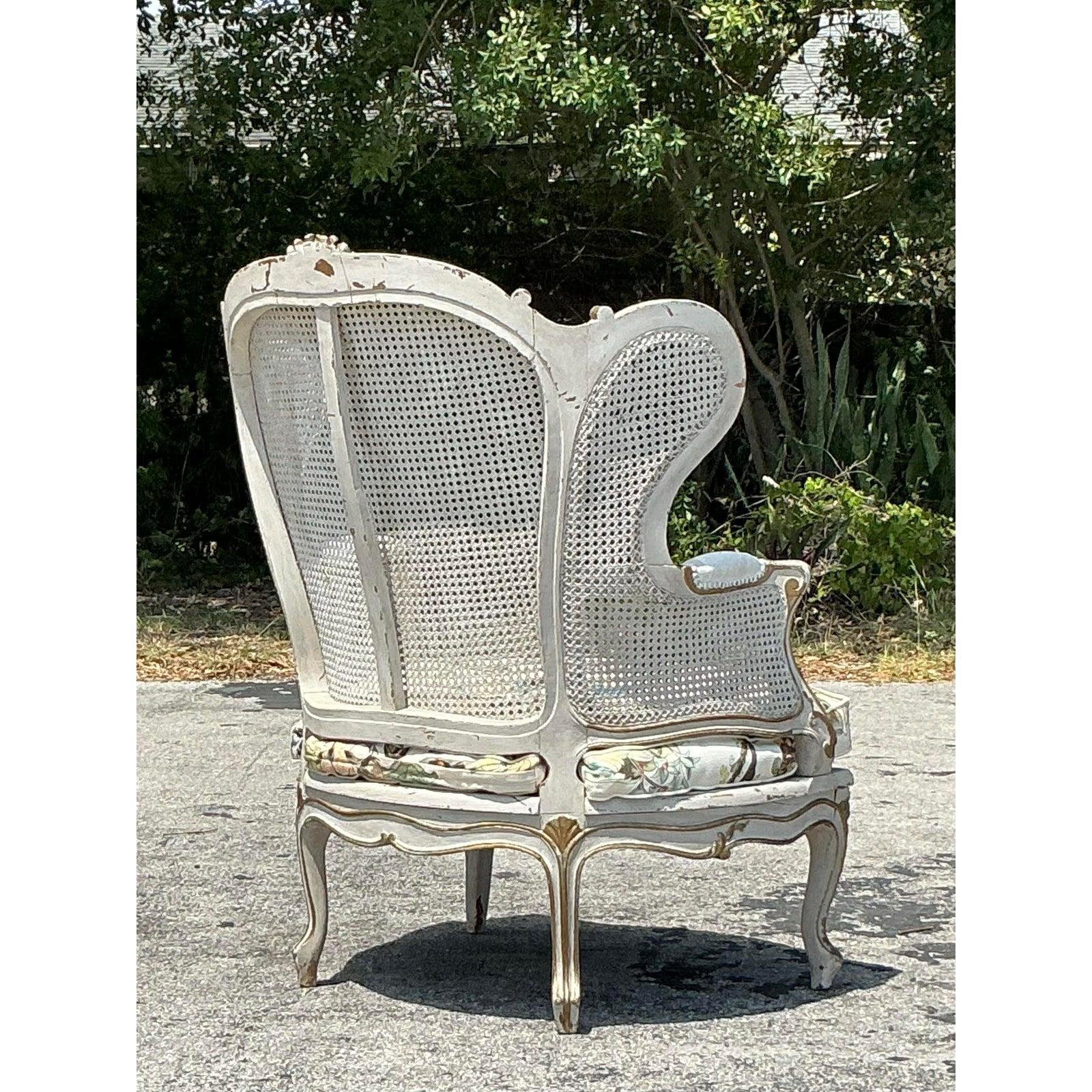 Fabric Vintage Italian Cane Wingback Chair With Hackney House Upholstery For Sale