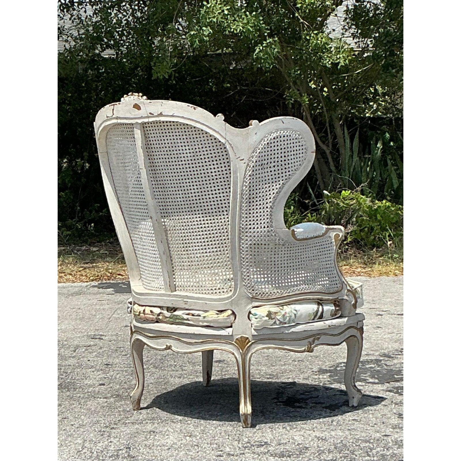 Vintage Italian Cane Wingback Chair With Hackney House Upholstery For Sale 2