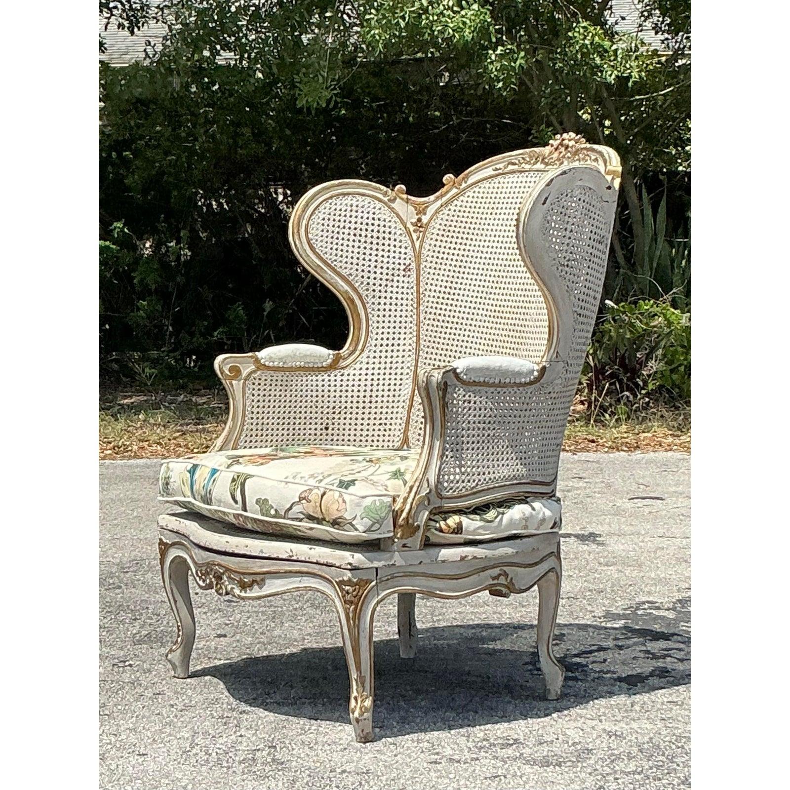 Vintage Italian Cane Wingback Chair With Hackney House Upholstery For Sale 3