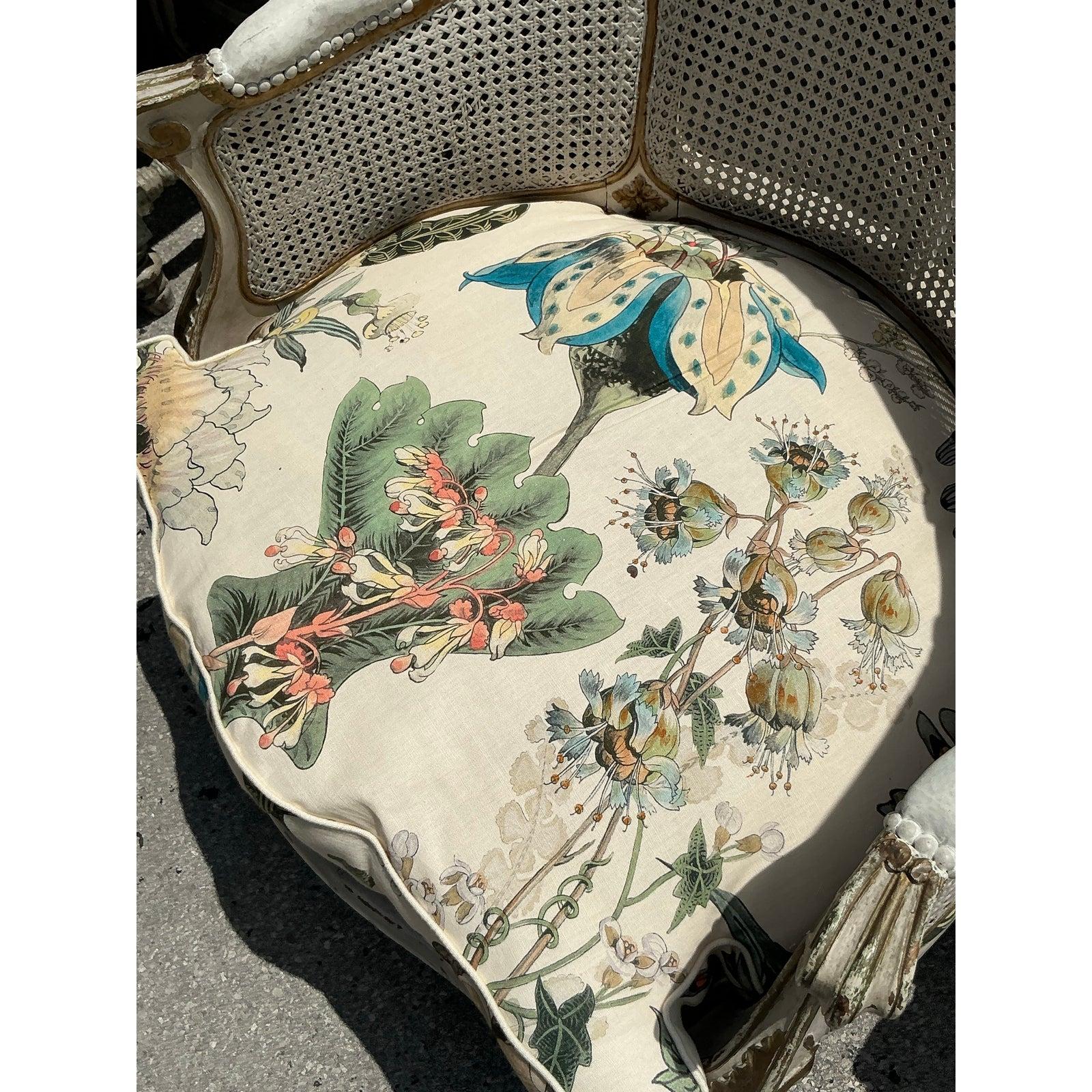 Vintage Italian Cane Wingback Chair With Hackney House Upholstery For Sale 4