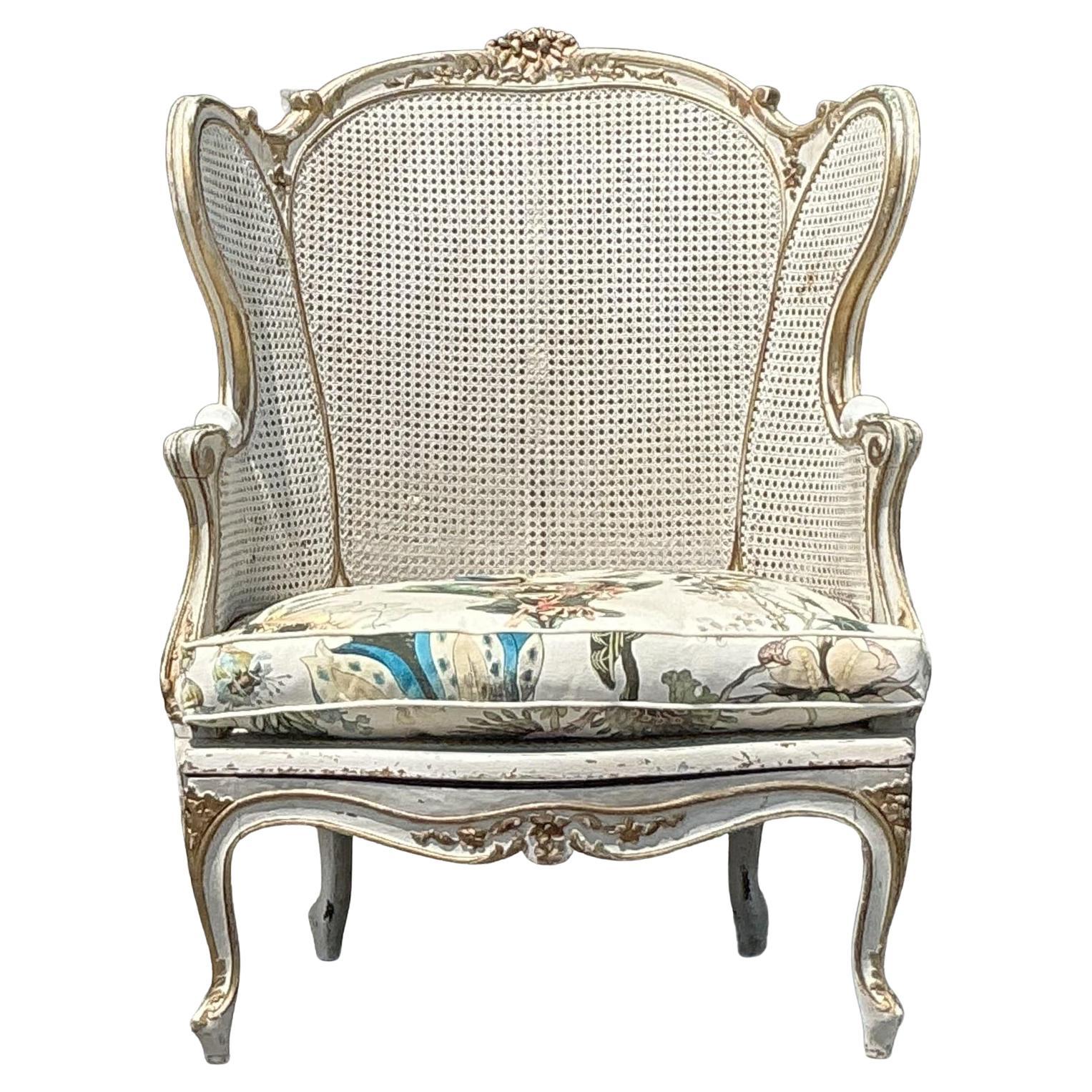 Vintage Italian Cane Wingback Chair With Hackney House Upholstery