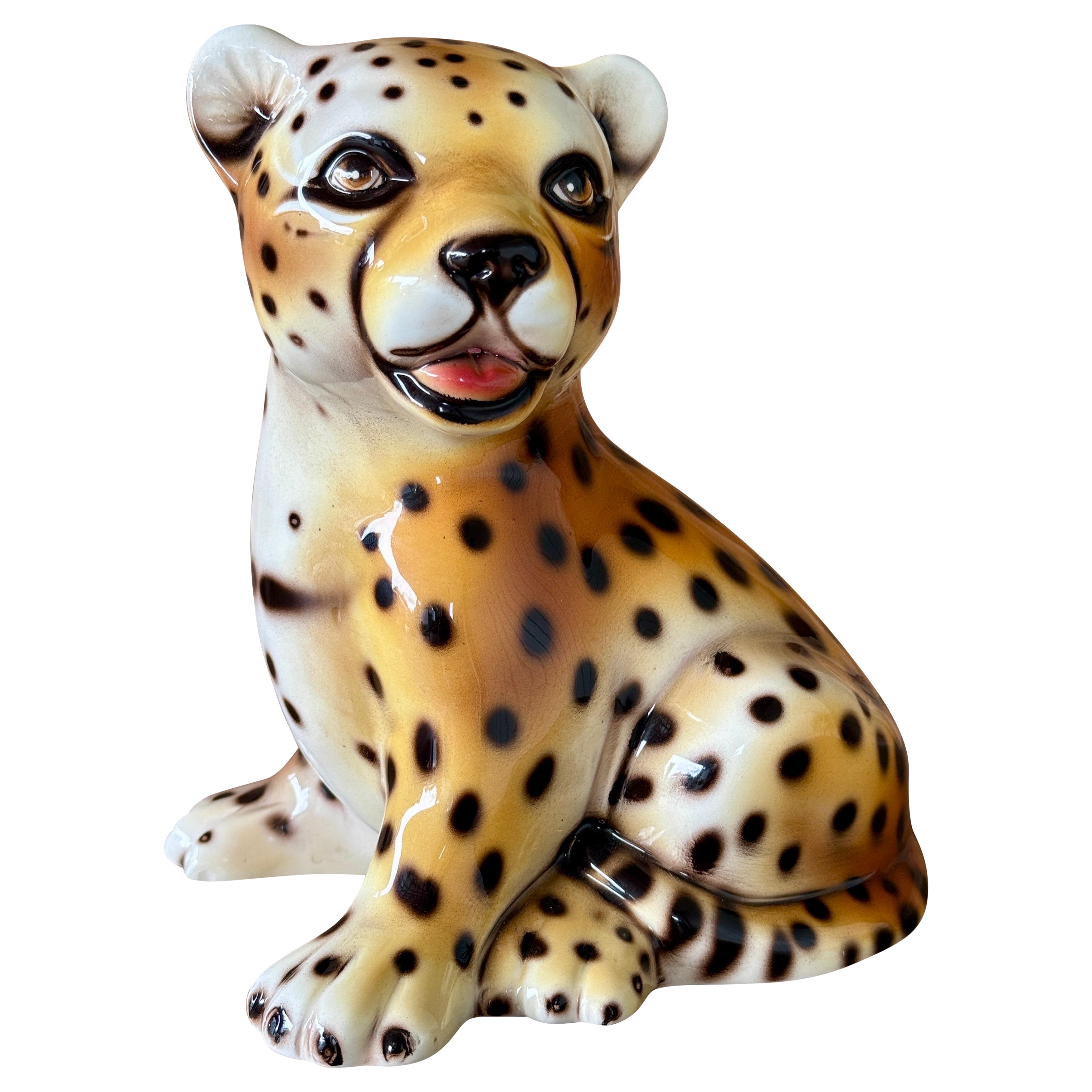 Vintage Italian Capodimonte Ceramic Baby Cheetah Cub Sculpture Figurine en vente