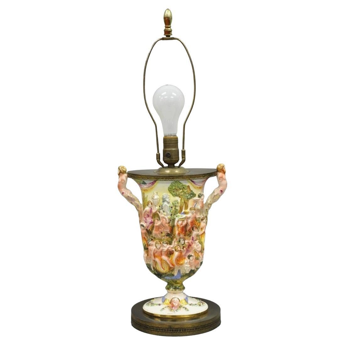 Vintage Italian Capodimonte Porcelain Figural Bacchanal Cherub Mermen Table Lamp