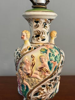 Vintage Italian Capodimonte Porcelain Table Lamp, Hand Painted with Cherubs