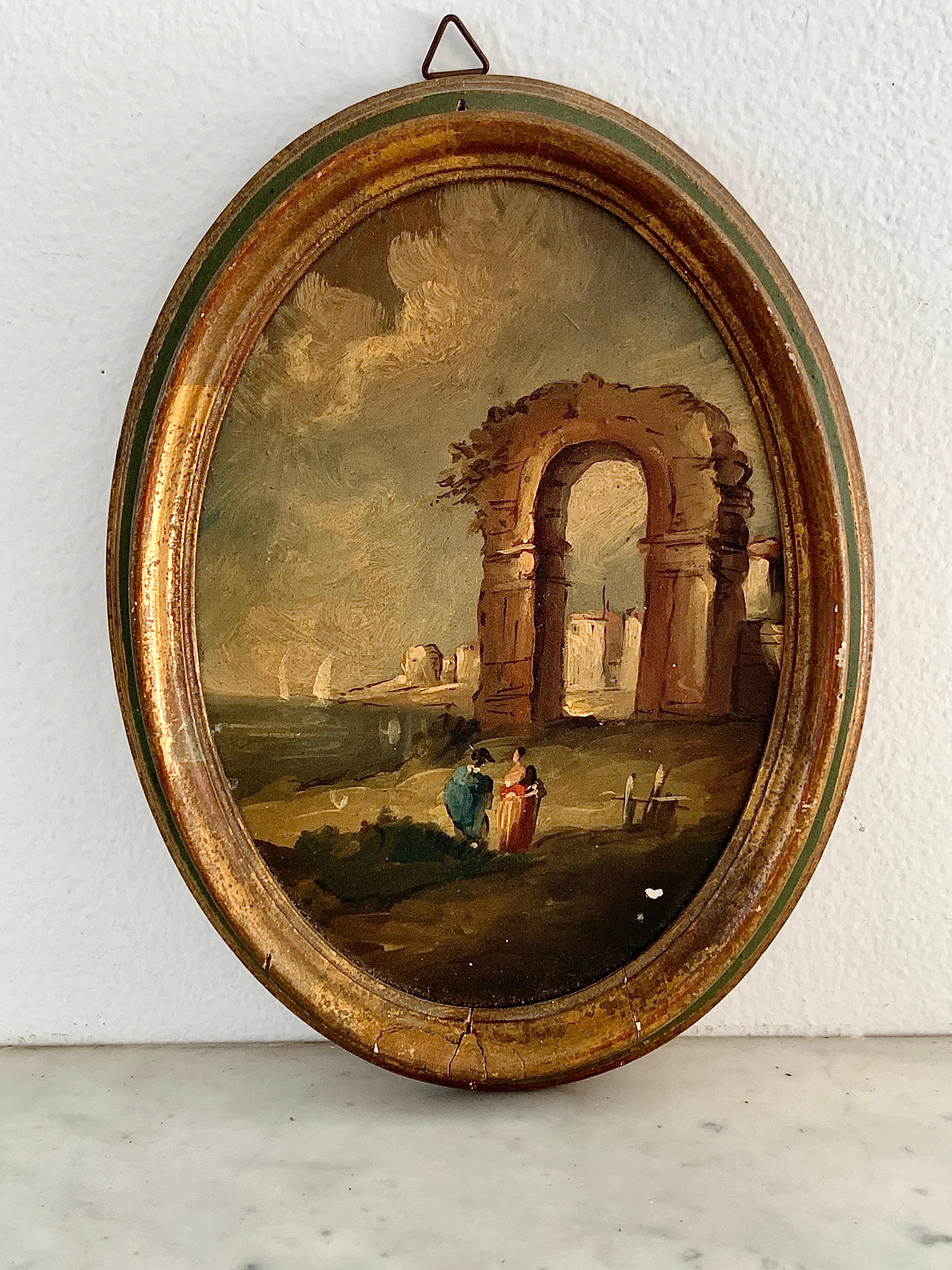 A gorgeous grand Tour style framed oil painting of an Italian Capriccio landscape with ruins

Italy, Mid-20th Century

Oil on board, gilt frame

Measures: 6.13