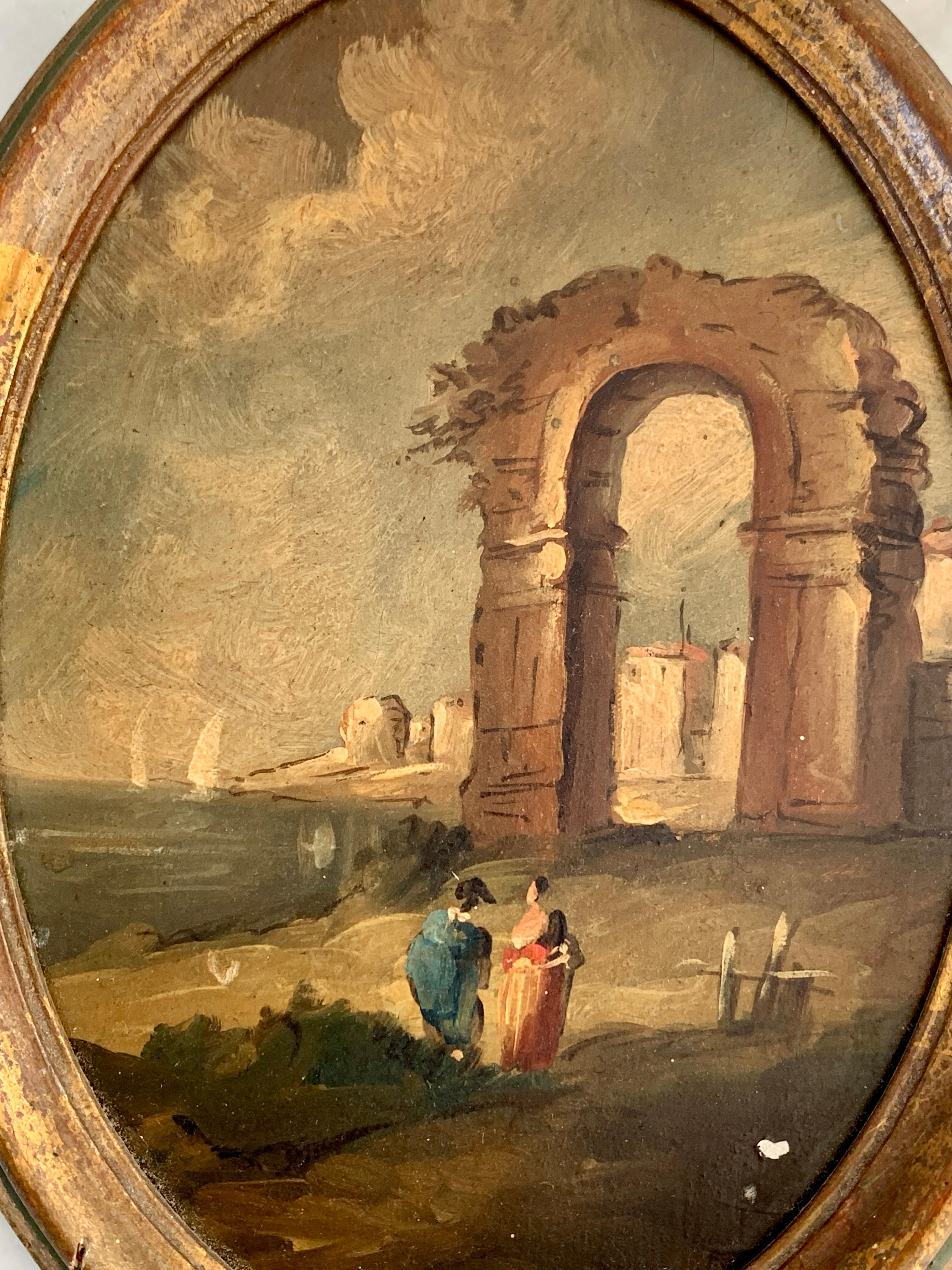 Vintage Italian Capriccio Framed Oil on Board Painting of a Landscape with Ruins In Good Condition In Elkhart, IN