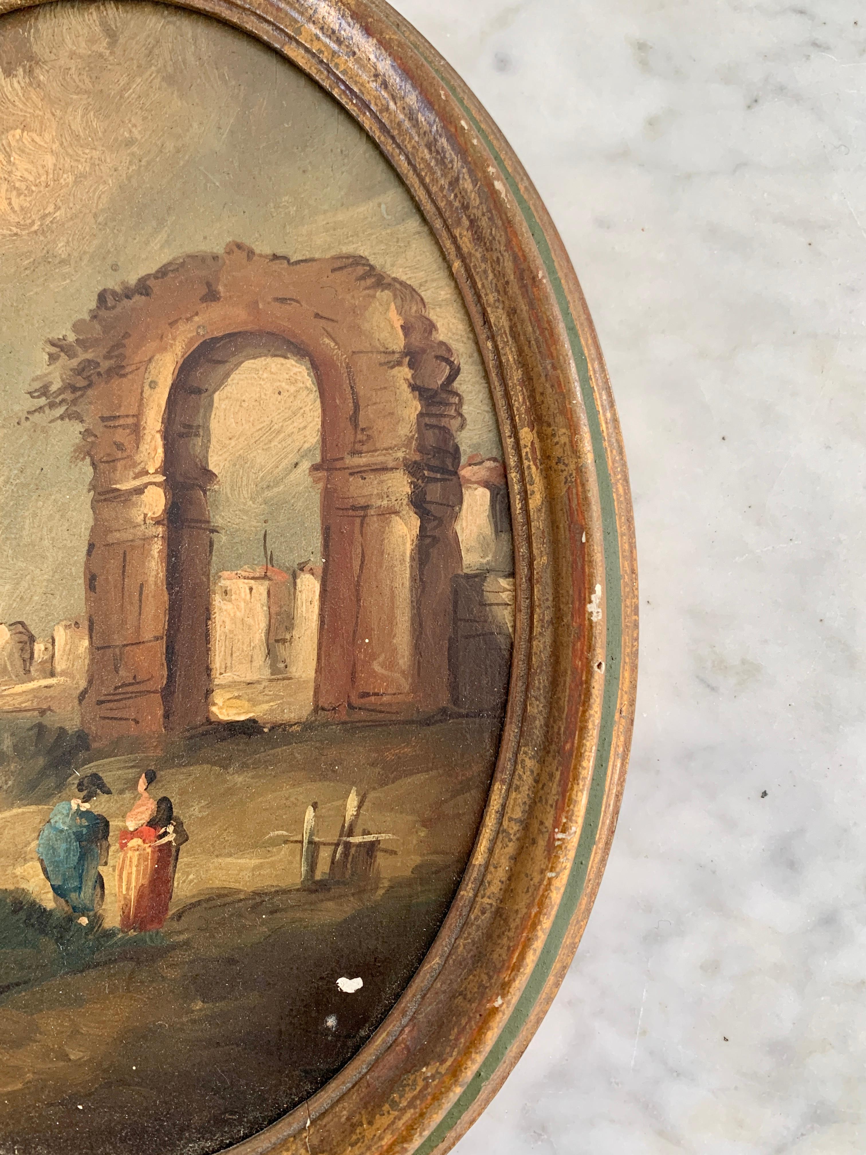 Vintage Italian Capriccio Framed Oil on Board Painting of a Landscape with Ruins 1