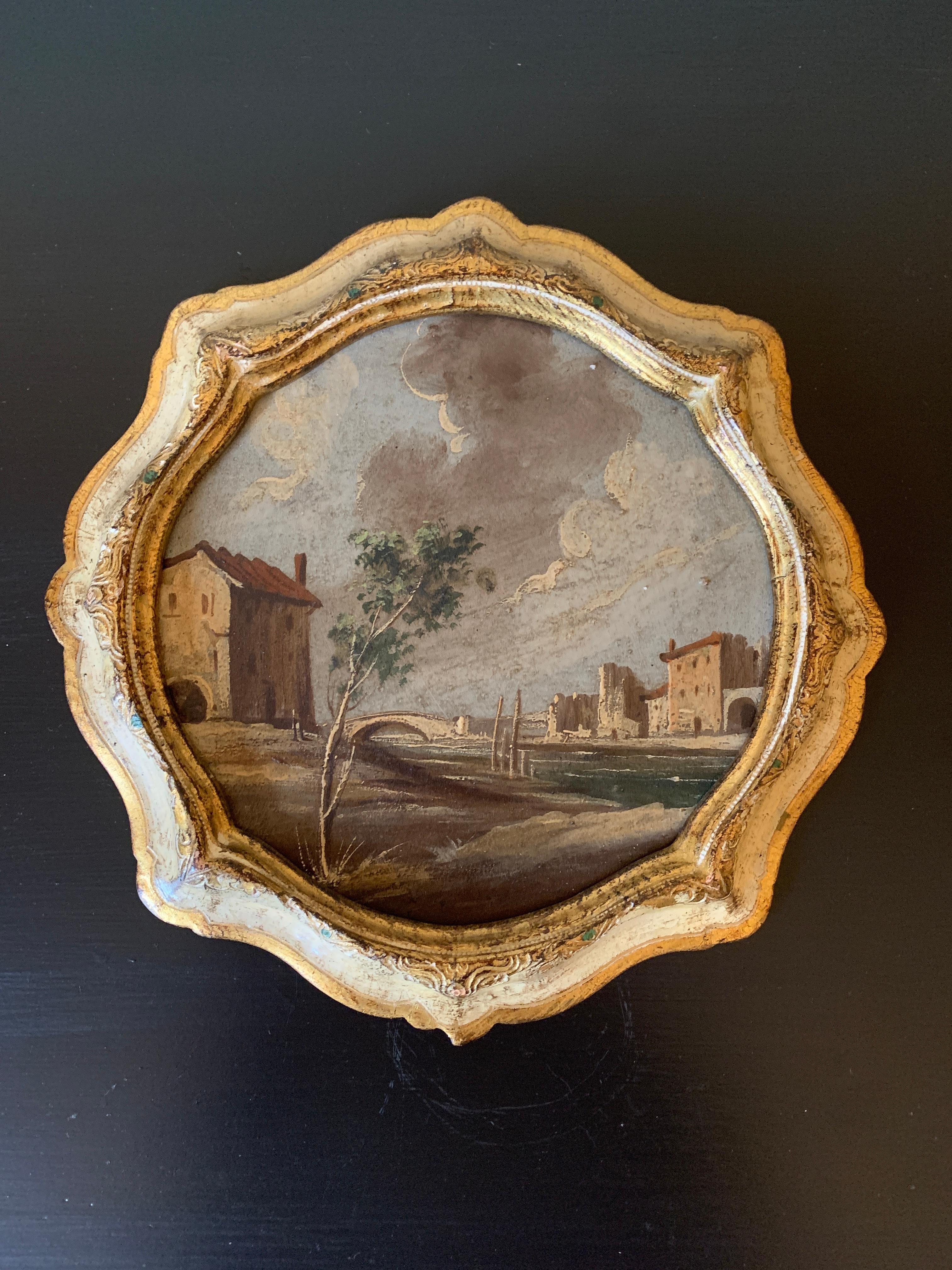 A gorgeous Grand Tour style framed oil painting of an Italian Capriccio landscape with ruins

Italy, Mid-20th Century

Oil on canvas, gilt frame

Measures: 9.5
