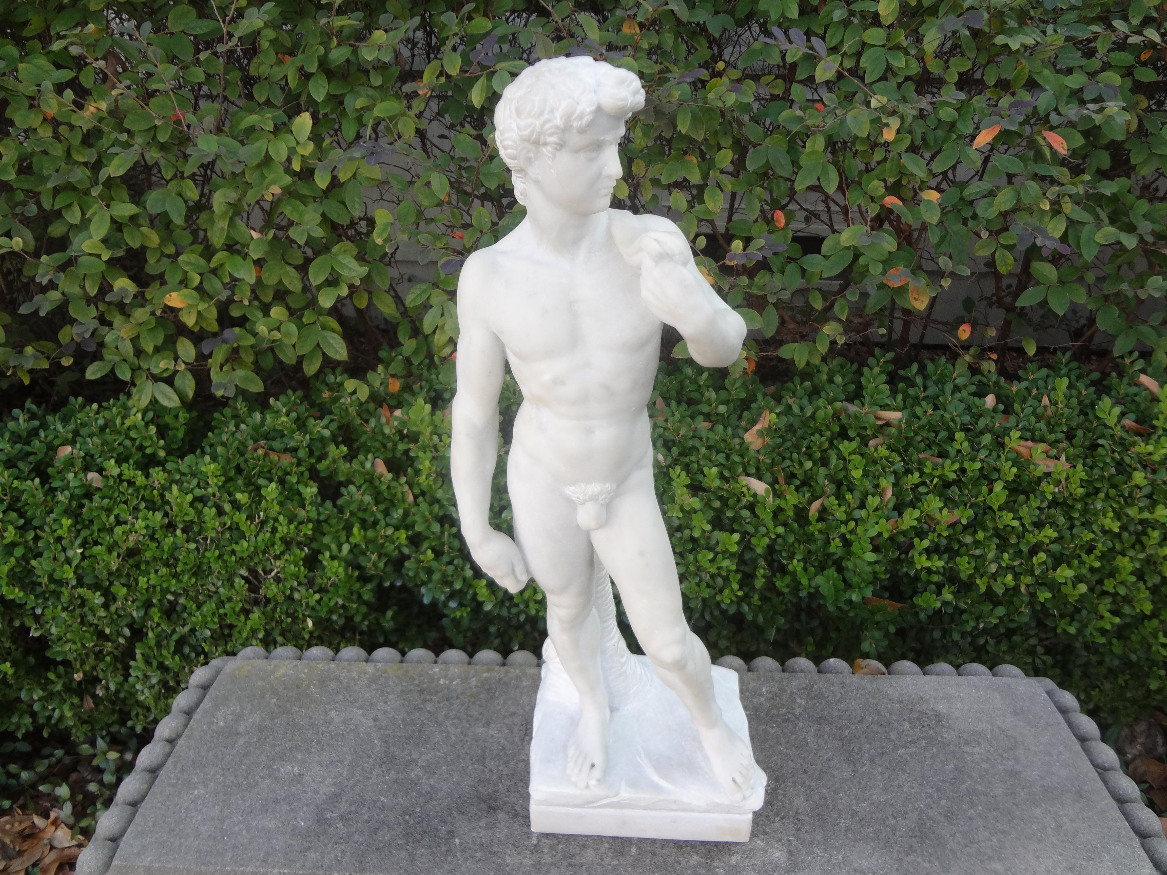 Stunning vintage Italian carved carrara marble sculpture or statue of David.
Offered is a good sized well executed marble figure of David as a youth, copied from the original by Michelangelo at the Galleria dell'Accademia, Florence, Italy.
The