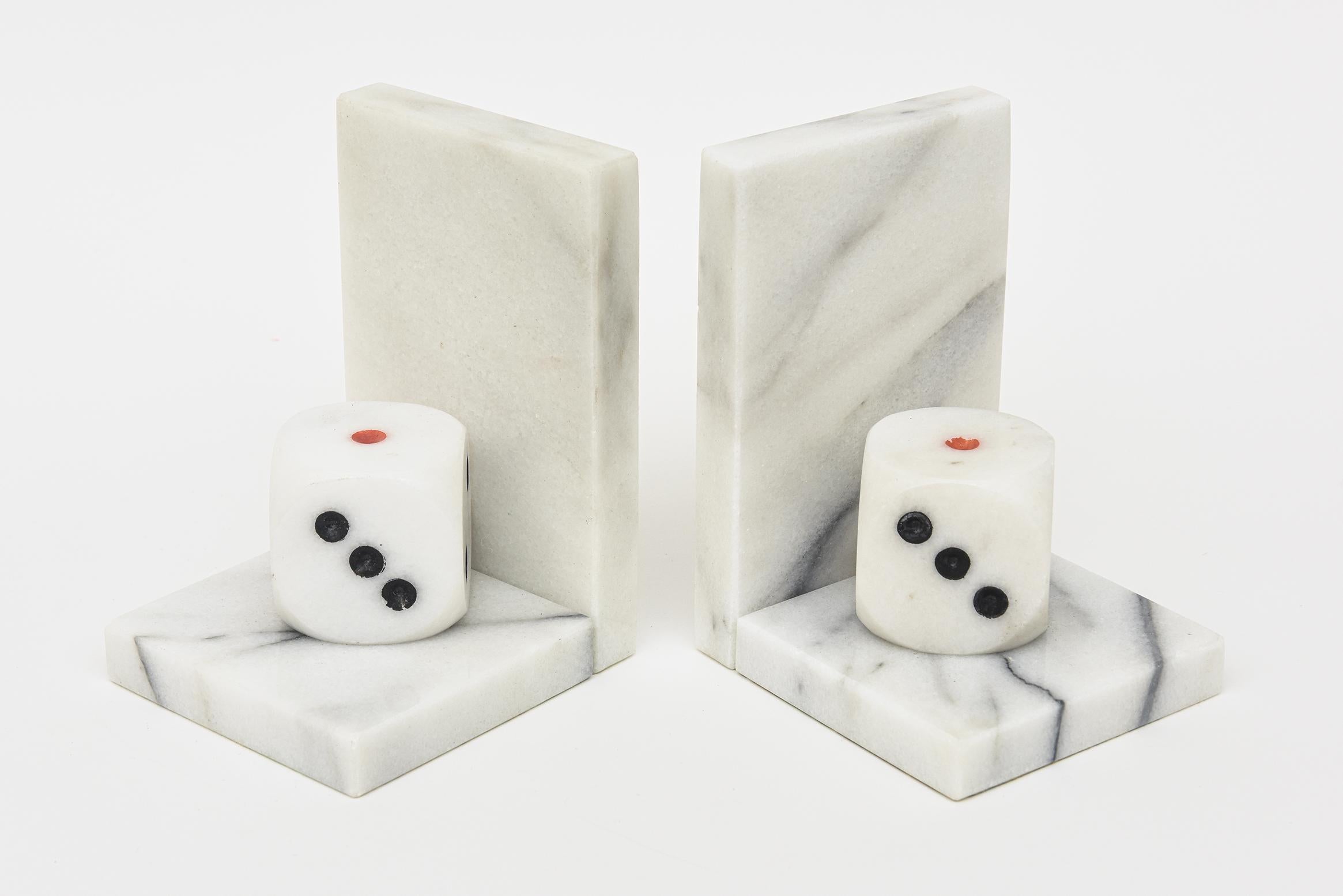 Mid-Century Modern Vintage Italian White Carrara Marble, Red and Black Dice Bookends Pair Of For Sale