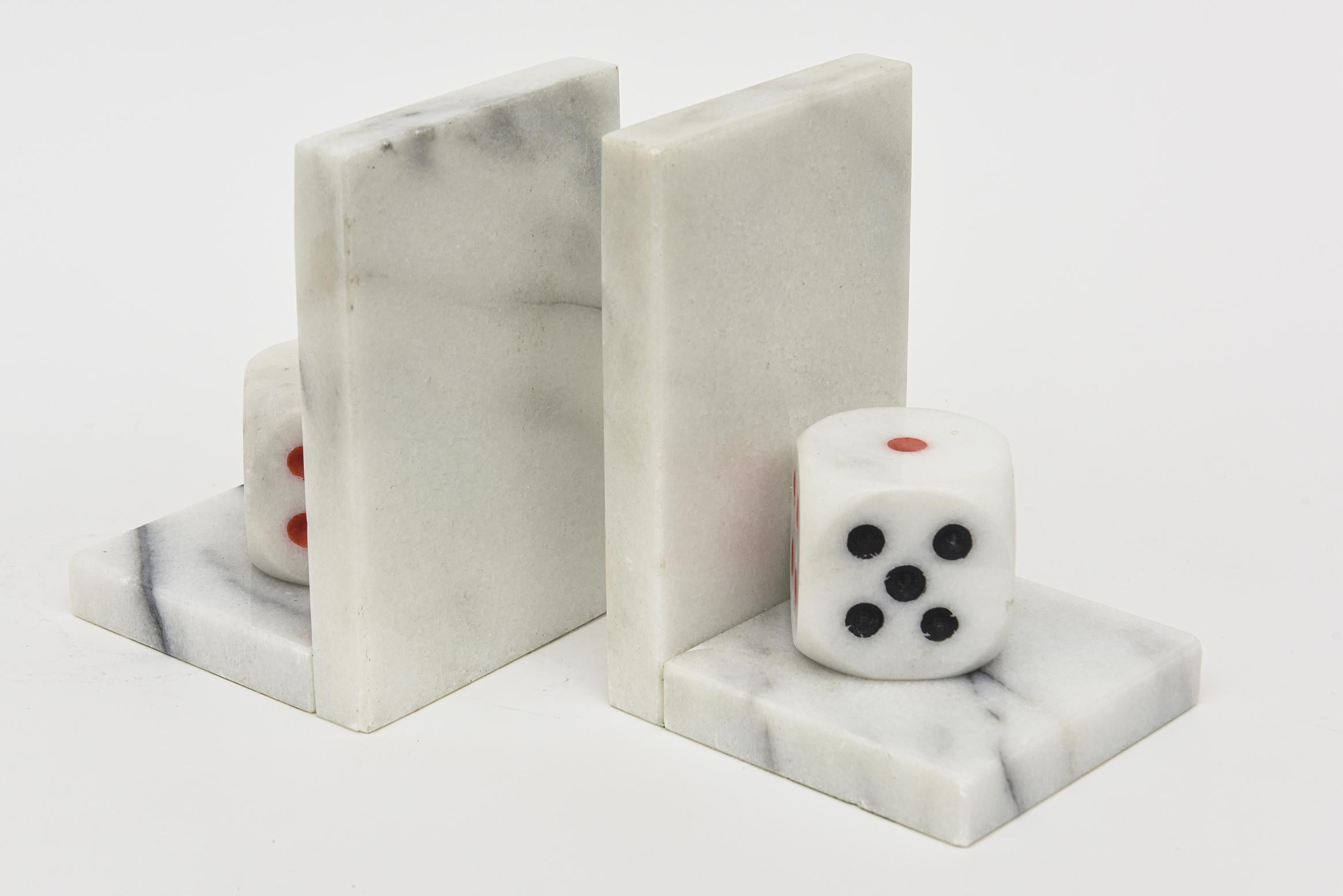 Vintage Italian White Carrara Marble, Red and Black Dice Bookends Pair Of In Good Condition For Sale In North Miami, FL