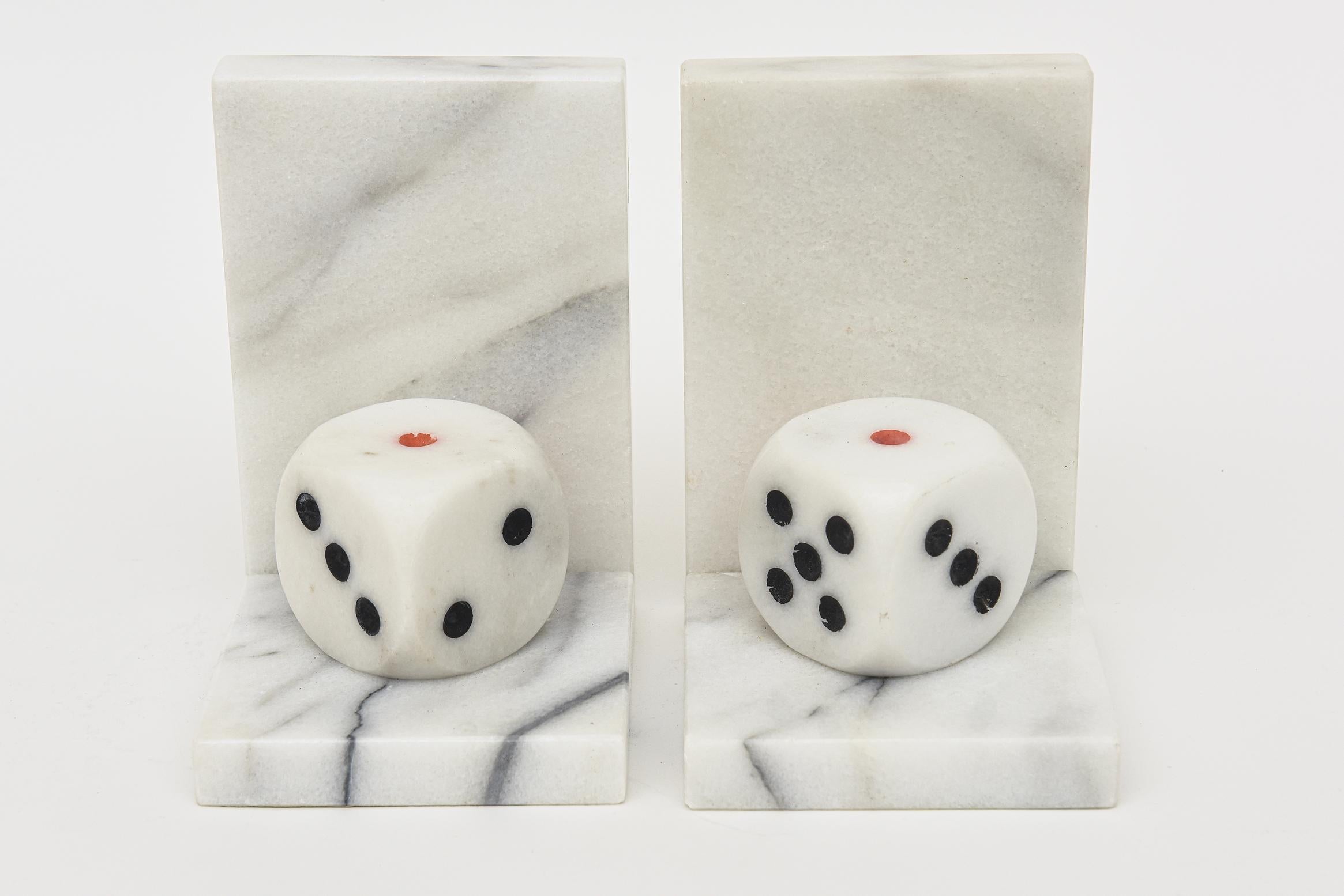 Mid-20th Century Vintage Italian White Carrara Marble, Red and Black Dice Bookends Pair Of For Sale